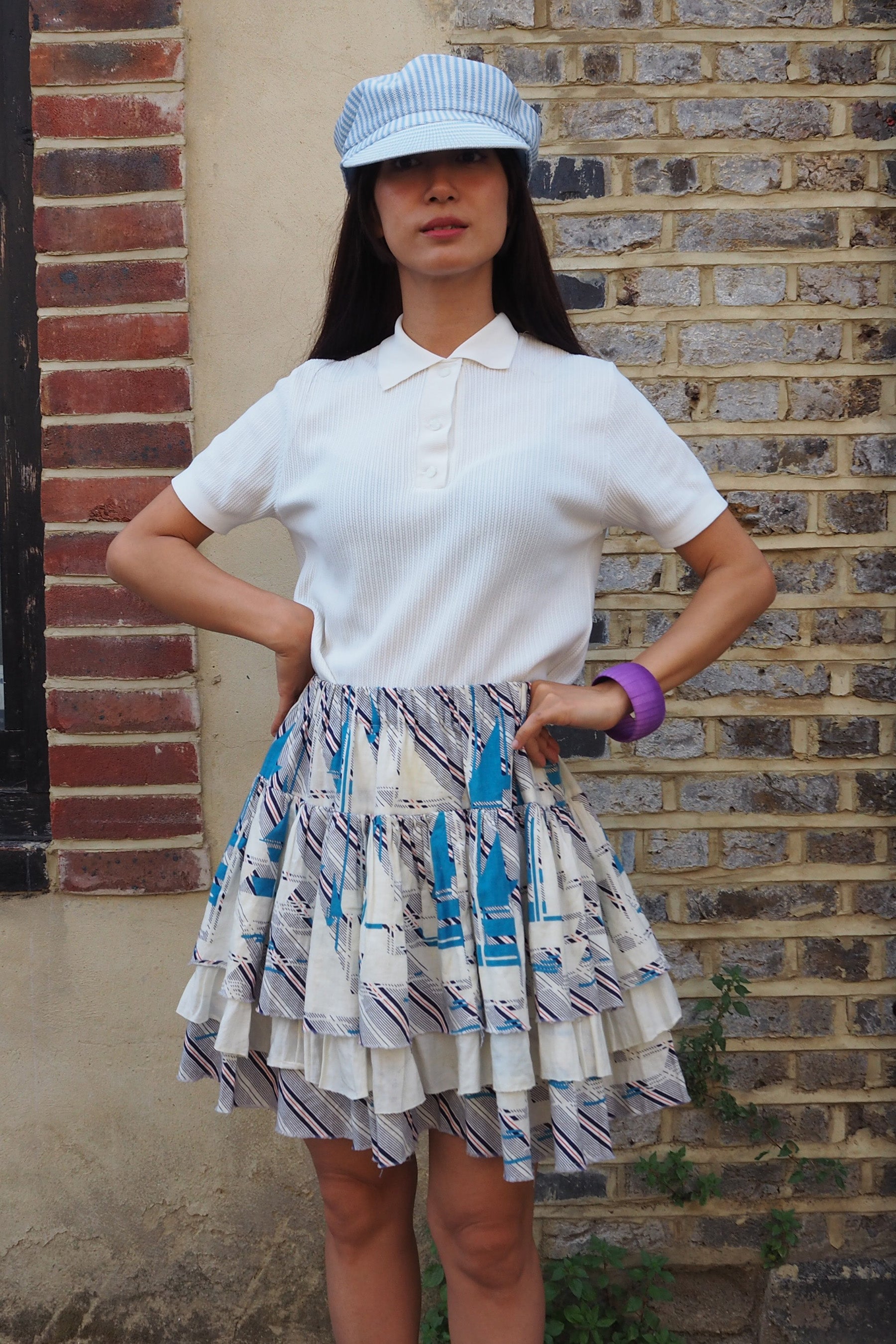 70's Vintage 3-Tier Ruffle Marine Skirt Blue/White