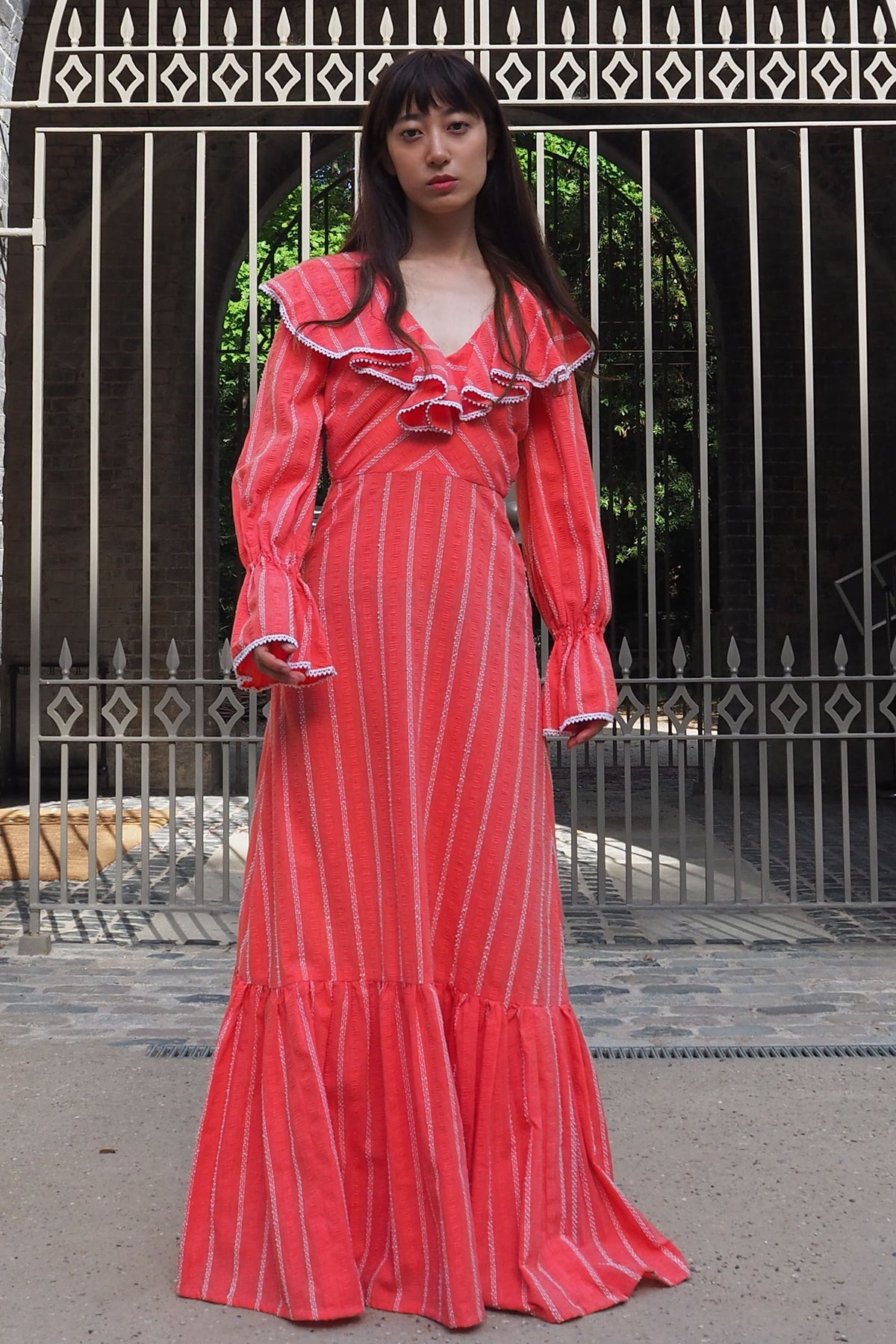 70's Annie Gough at Gemini Ruffle Embroidered Dress Red