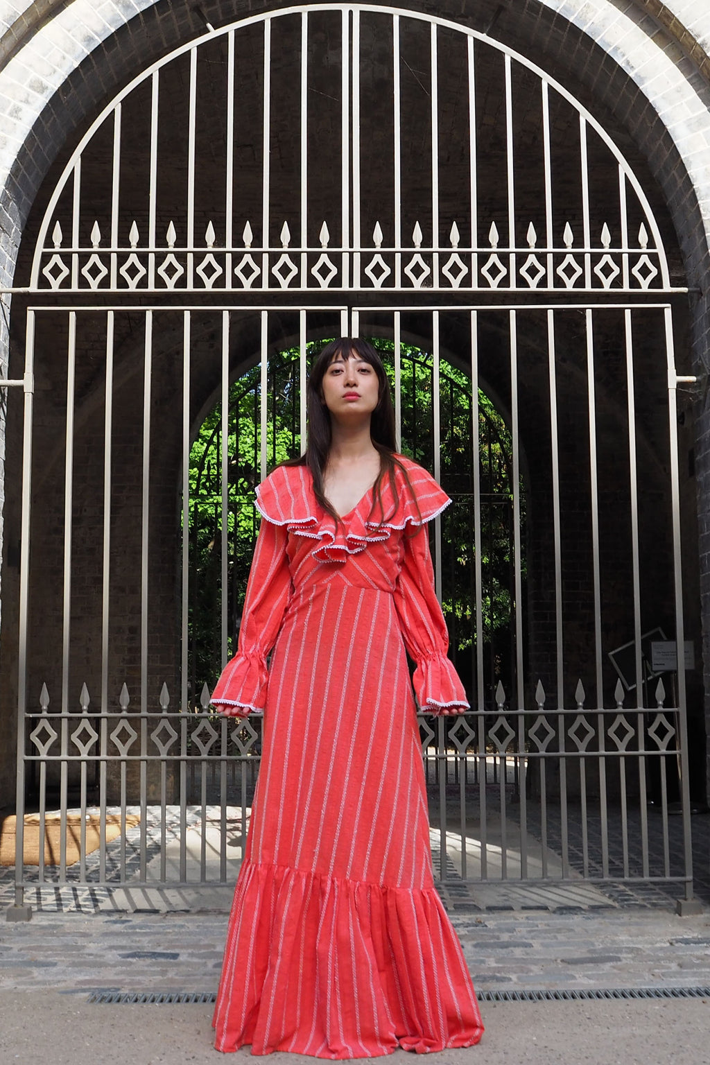 70's Annie Gough at Gemini Ruffle Embroidered Dress Red