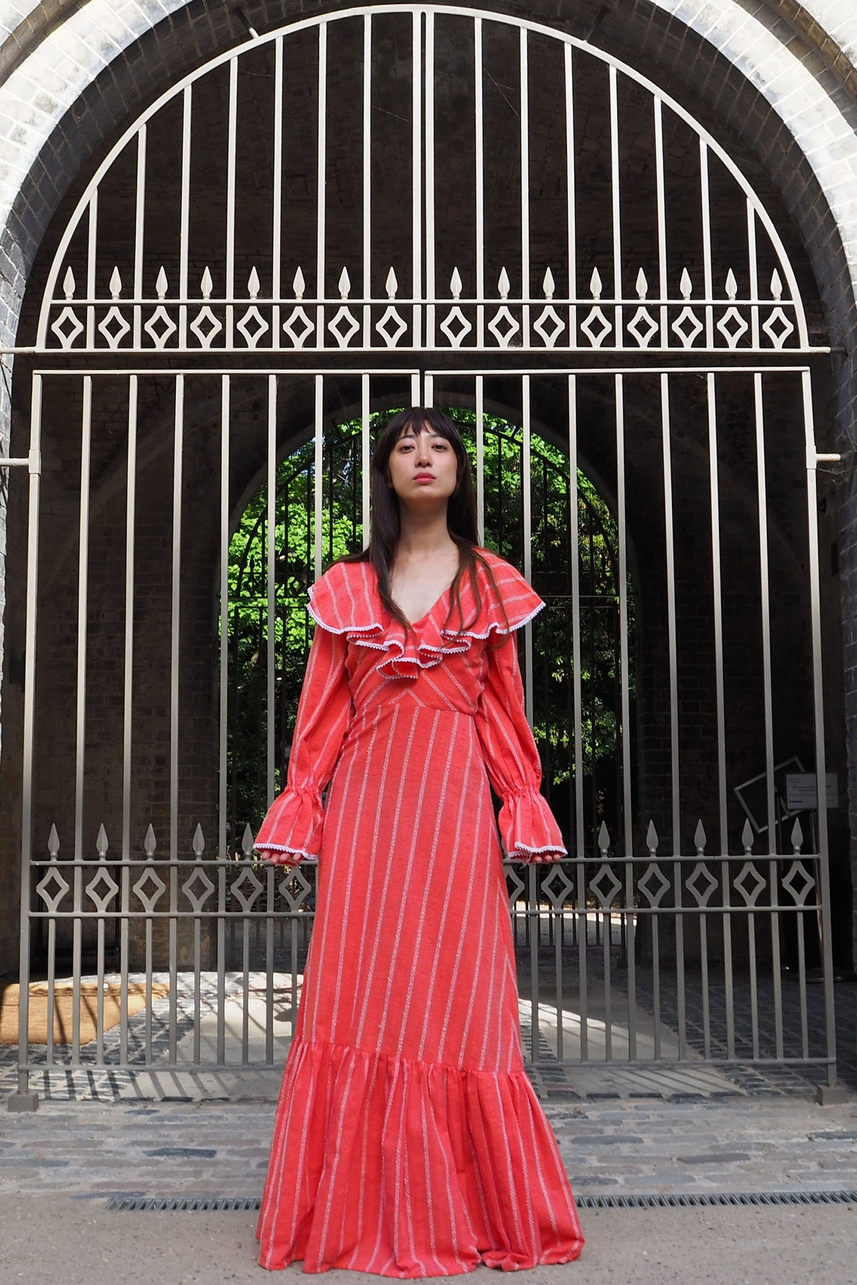 70's Annie Gough at Gemini Ruffle Embroidered Dress Red