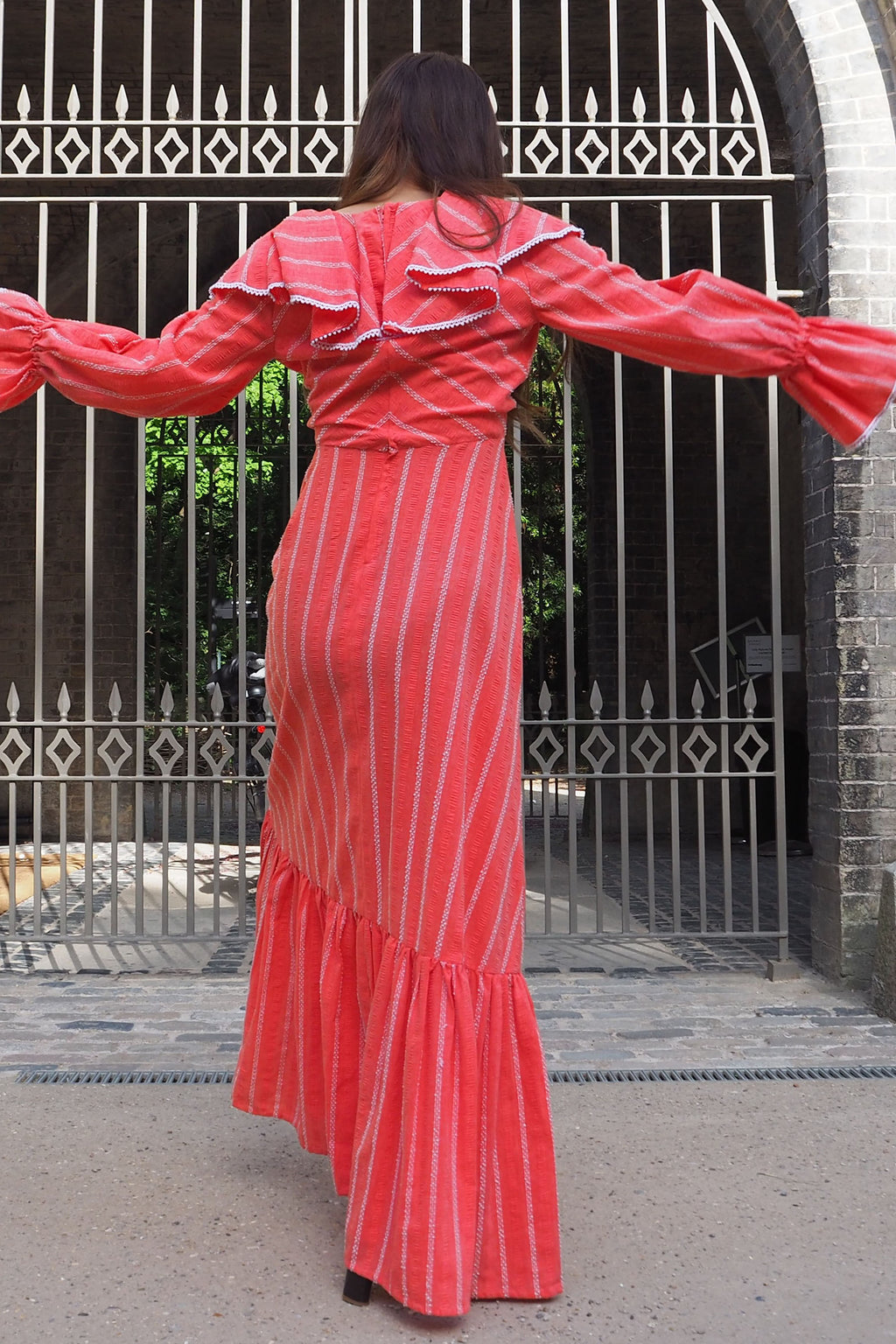 70's Annie Gough at Gemini Ruffle Embroidered Dress Red