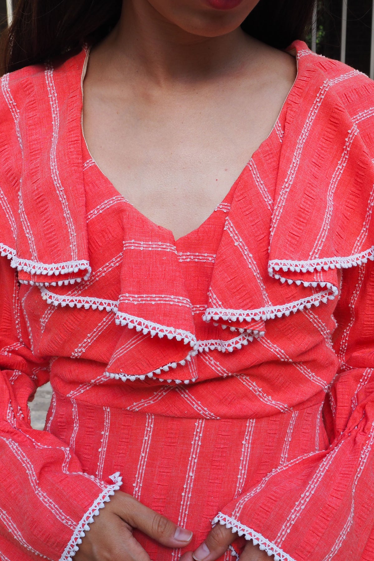 70's Annie Gough at Gemini Ruffle Embroidered Dress Red