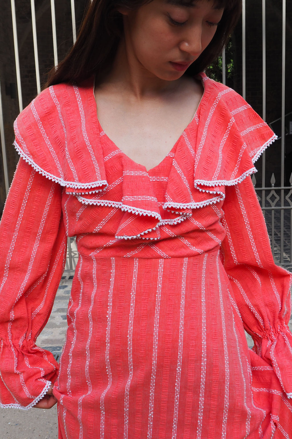70's Annie Gough at Gemini Ruffle Embroidered Dress Red