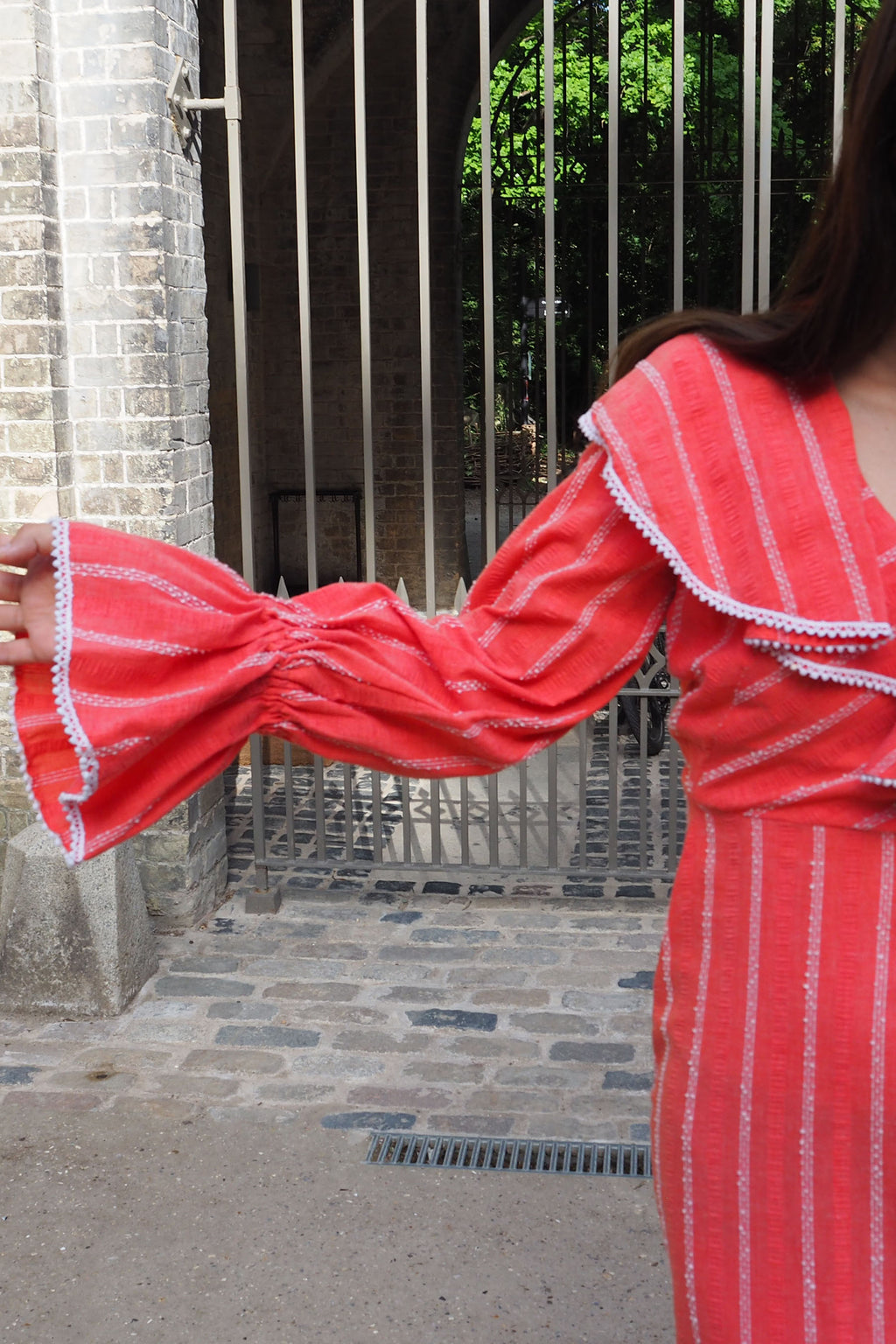 70's Annie Gough at Gemini Ruffle Embroidered Dress Red