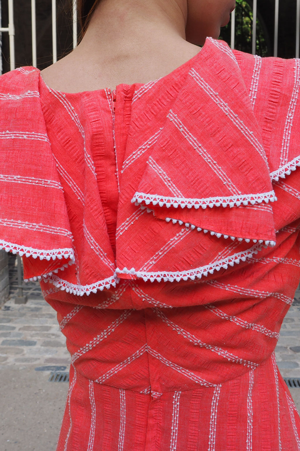 70's Annie Gough at Gemini Ruffle Embroidered Dress Red