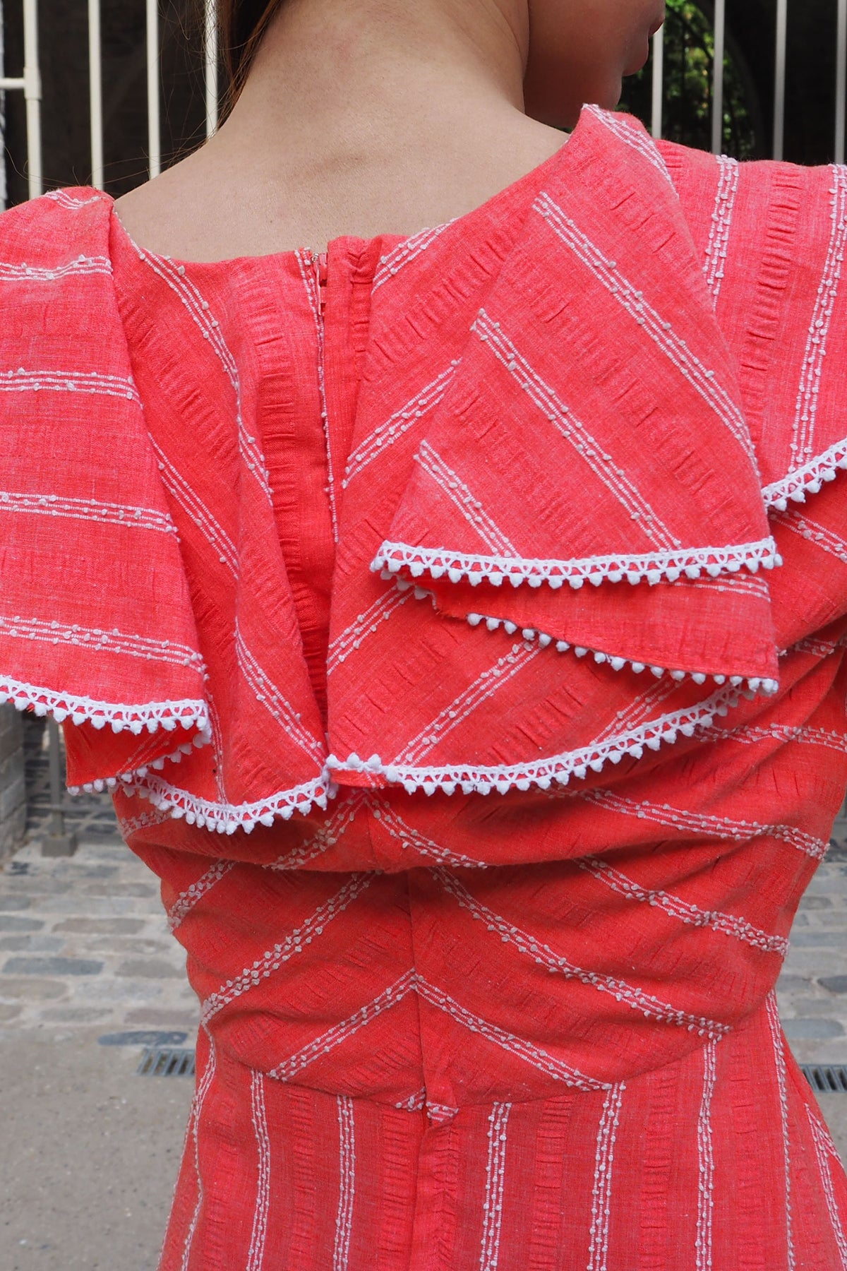 70's Annie Gough at Gemini Ruffle Embroidered Dress Red