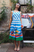 80's Jandabar Yacht Print Summer Dress Blue