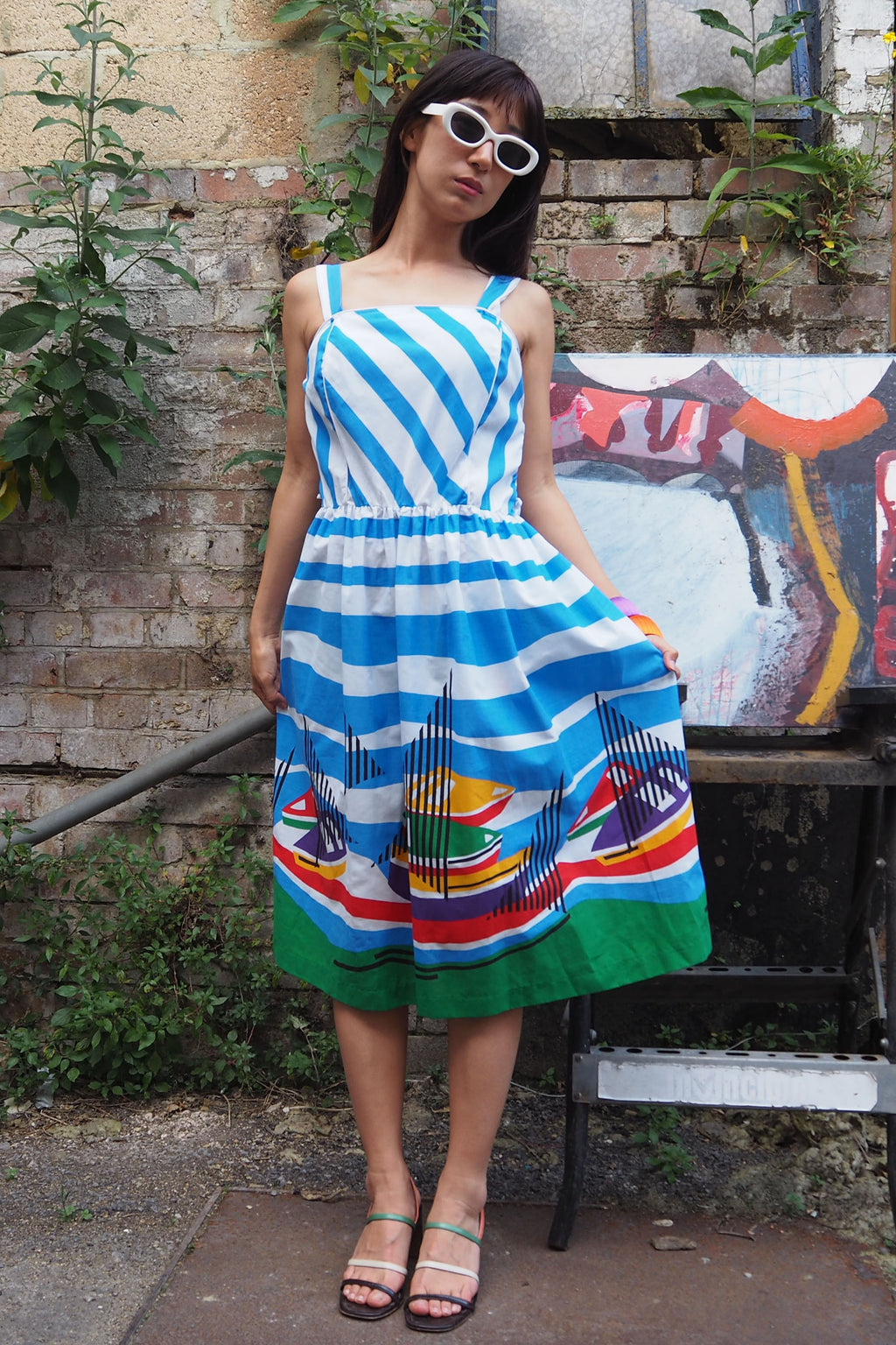 80's Jandabar Yacht Print Summer Dress Blue