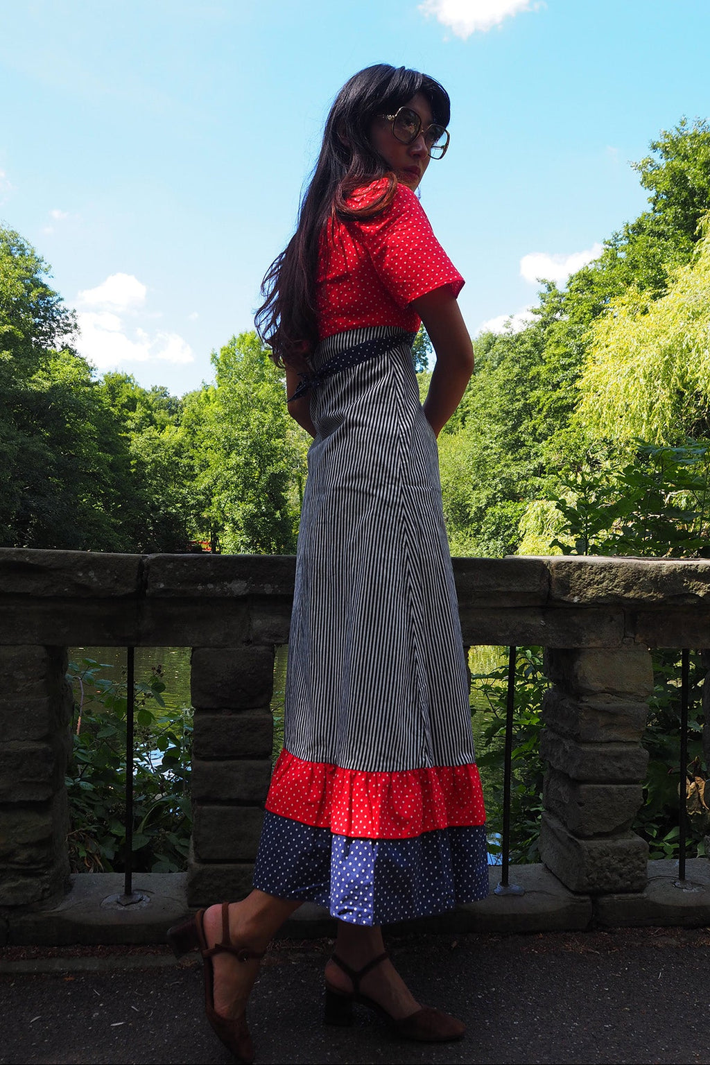 70's Polka Dot Stripe Dress Belgium Vintage | Alice Style Puff Sleeve