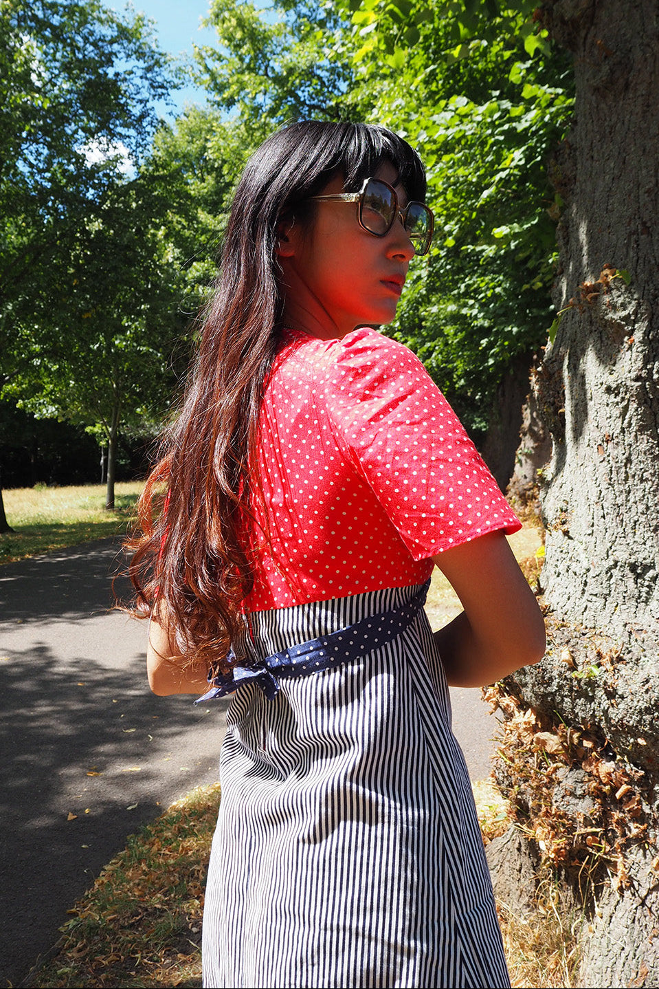 70's Polka Dot Stripe Dress Belgium Vintage | Alice Style Puff Sleeve