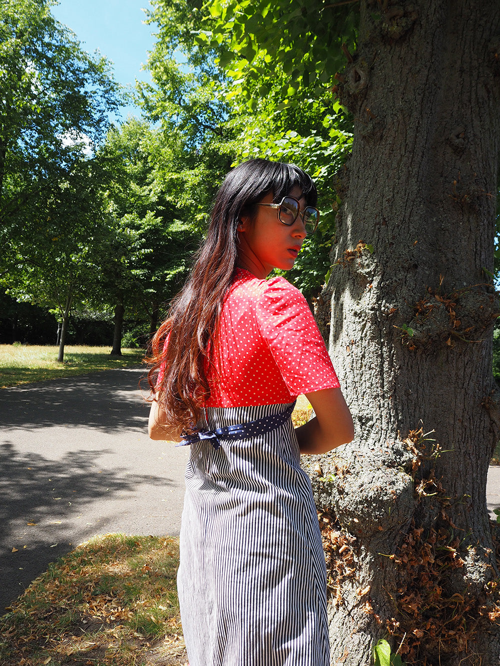 70's Polka Dot Stripe Dress Belgium Vintage | Alice Style Puff Sleeve