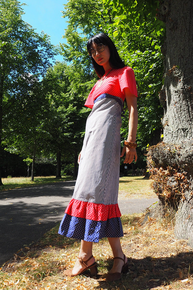 70's Polka Dot Stripe Dress Belgium Vintage | Alice Style Puff Sleeve
