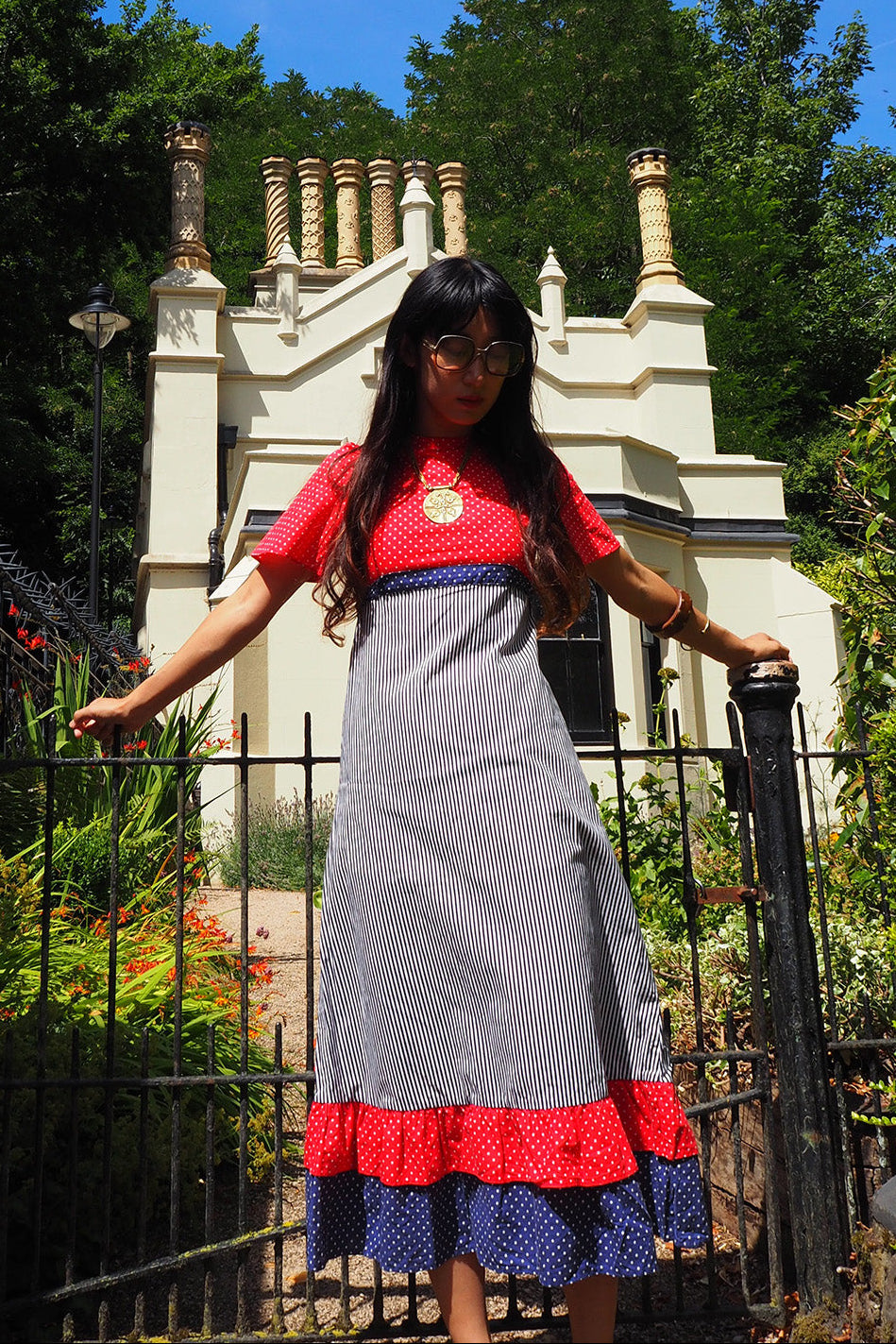 70's Polka Dot Stripe Dress Belgium Vintage | Alice Style Puff Sleeve
