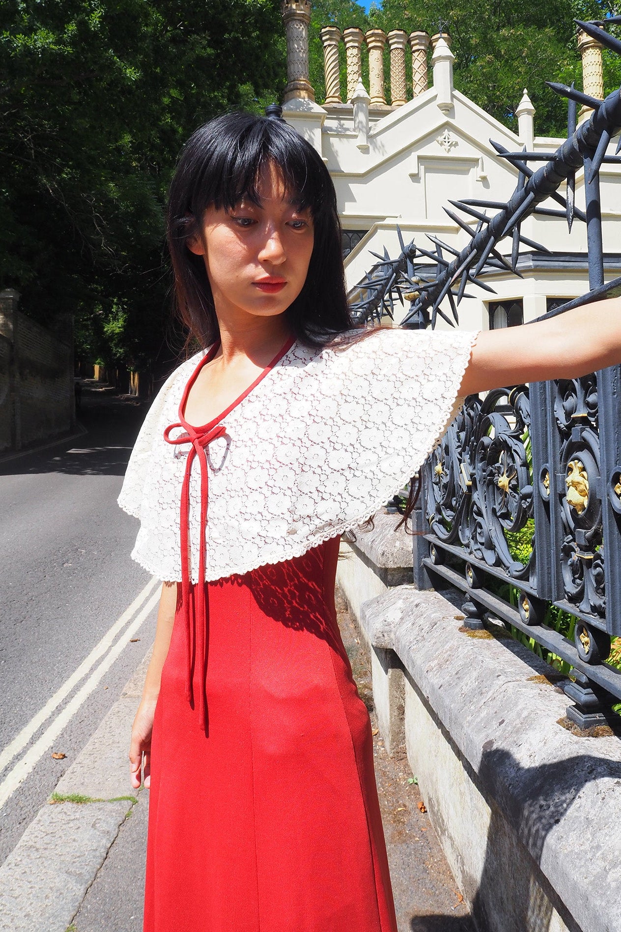 70's Lace Maxi Dress London Vintage | Bordeaux Cape Sleeve Stretch Dress