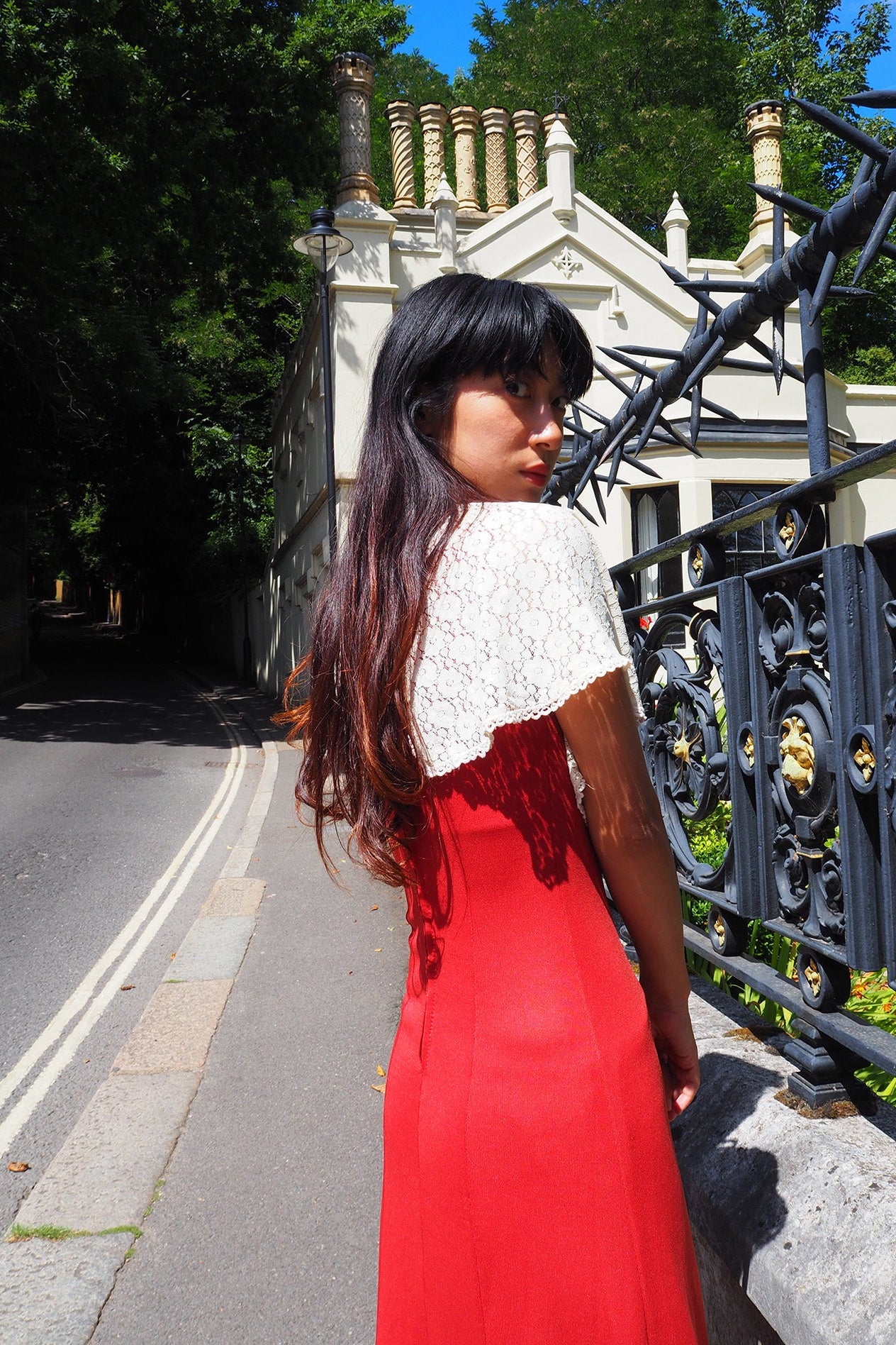 70's Lace Maxi Dress London Vintage | Bordeaux Cape Sleeve Stretch Dress