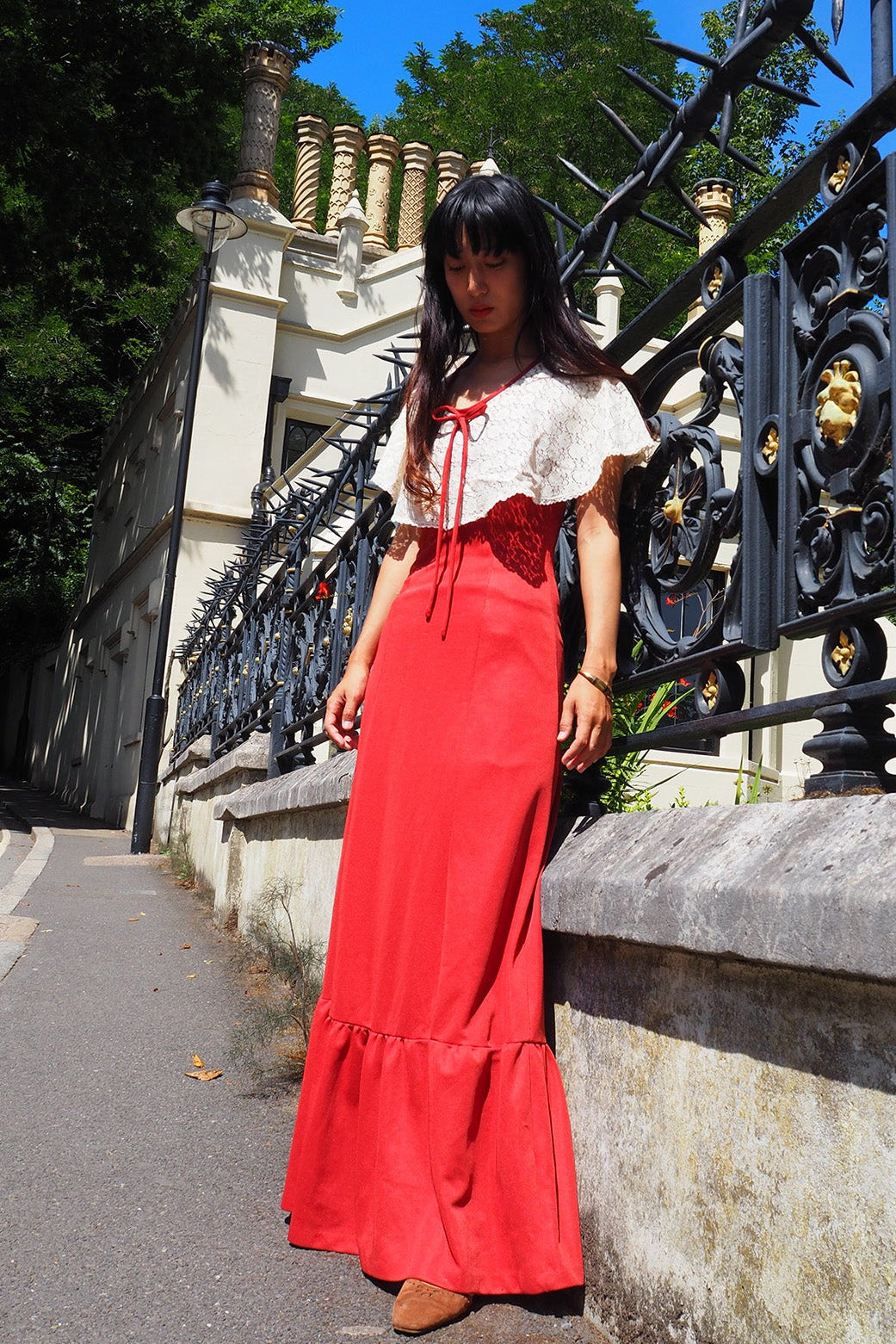 70's Lace Maxi Dress London Vintage | Bordeaux Cape Sleeve Stretch Dress