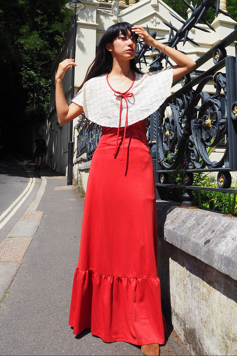 70's Lace Maxi Dress London Vintage | Bordeaux Cape Sleeve Stretch Dress