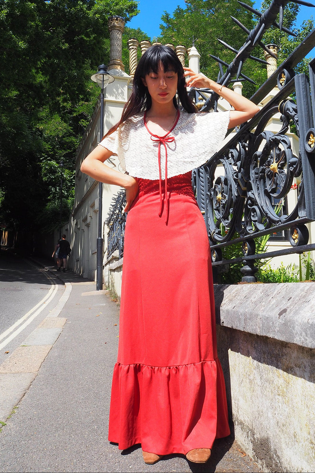 70's Lace Maxi Dress London Vintage | Bordeaux Cape Sleeve Stretch Dress