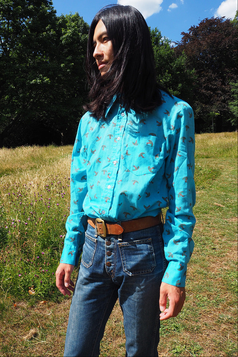70's Neon Blue Shirt London Vintage | Native American Print Men's Shirt