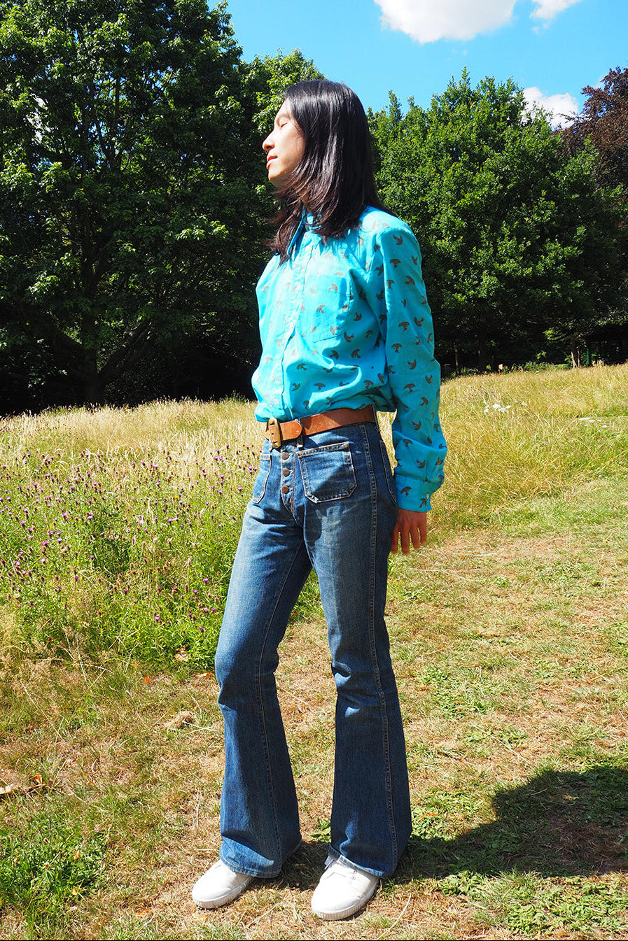 70's Neon Blue Shirt London Vintage | Native American Print Men's Shirt