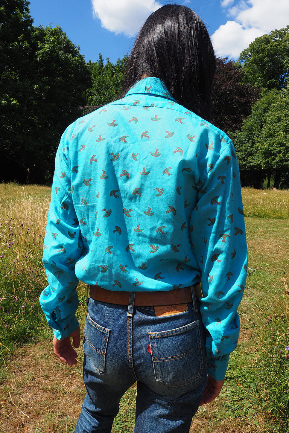 70's Neon Blue Shirt London Vintage | Native American Print Men's Shirt