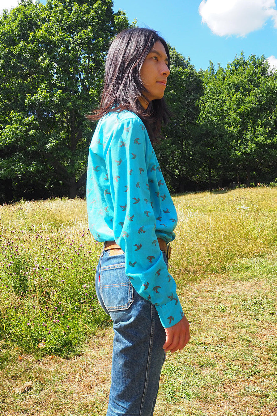 70's Neon Blue Shirt London Vintage | Native American Print Men's Shirt