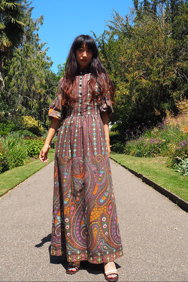 70's Brown Dress Richard Shops UK | Hippie Floral Paisley Maxi Dress