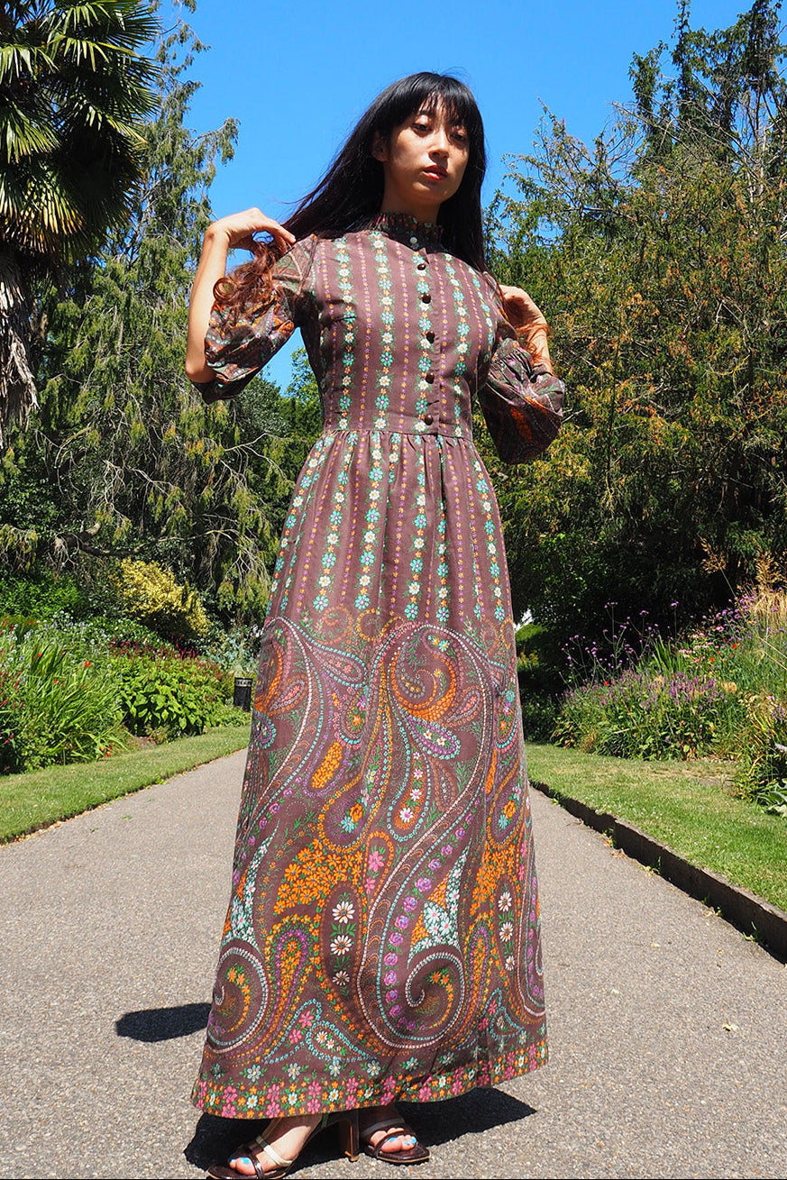 70's Brown Dress Richard Shops UK | Hippie Floral Paisley Maxi Dress
