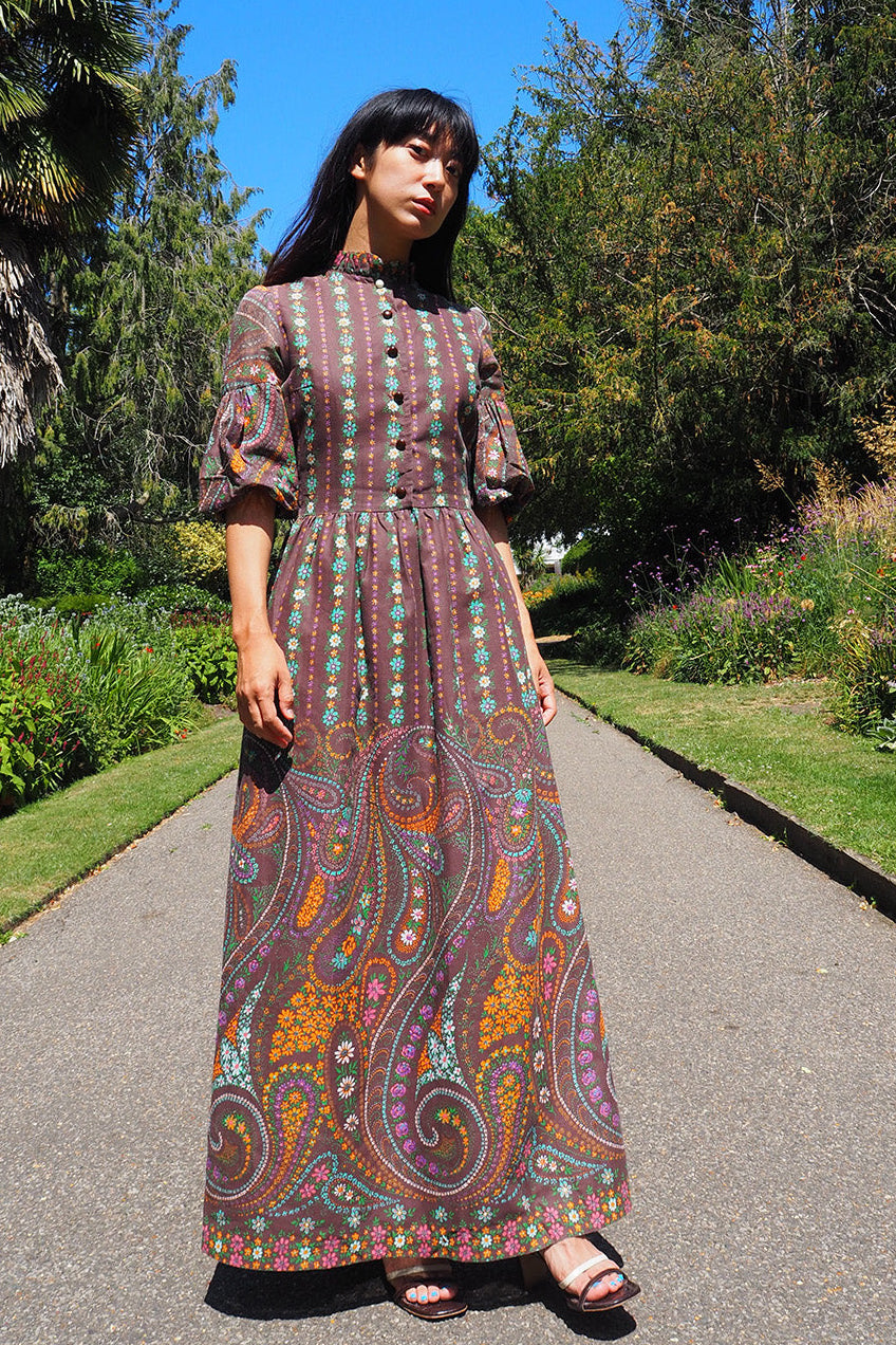 70's Brown Dress Richard Shops UK | Hippie Floral Paisley Maxi Dress