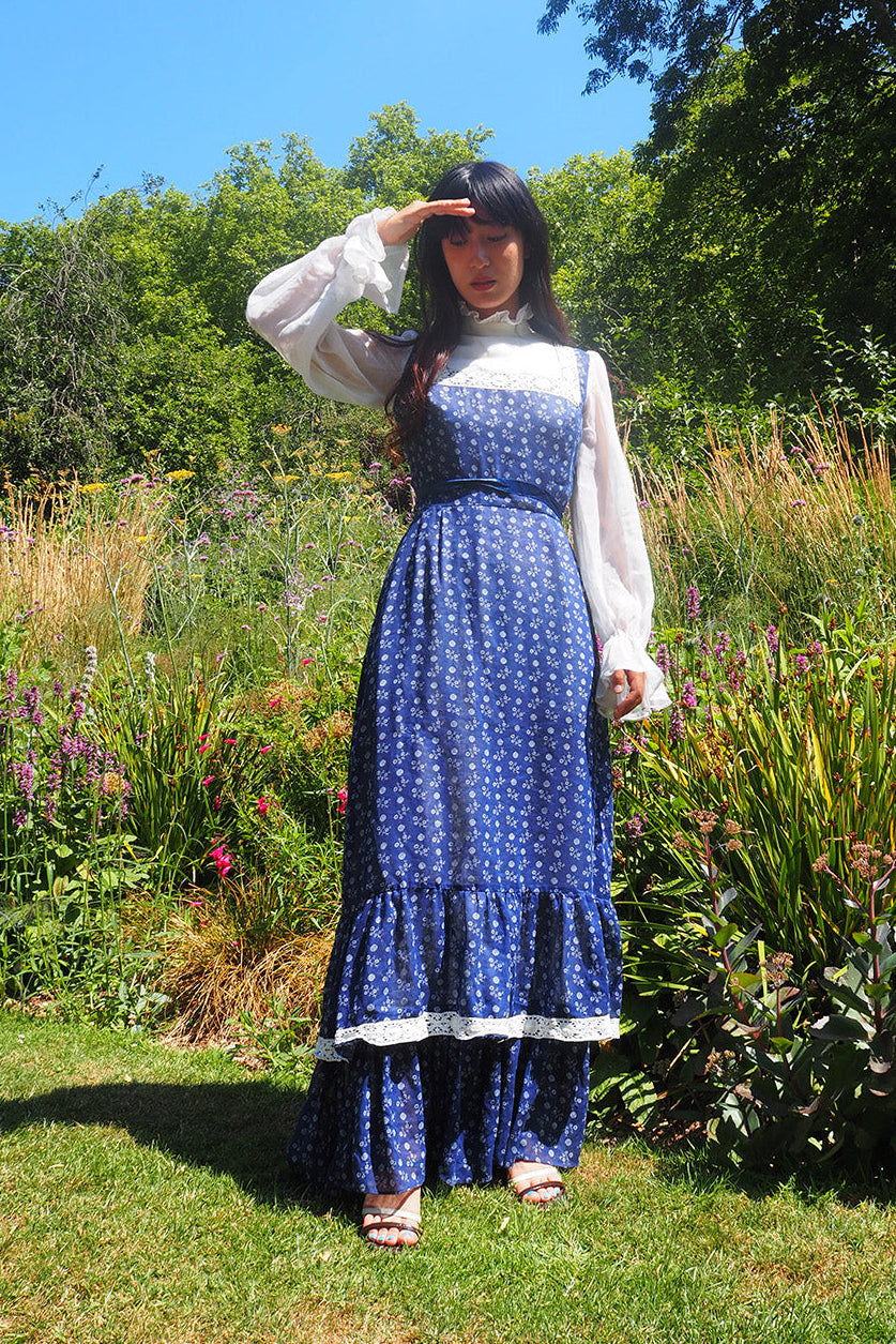 70's Victorian Dress Fiona England | Romantic Country Lace Maxi Dress