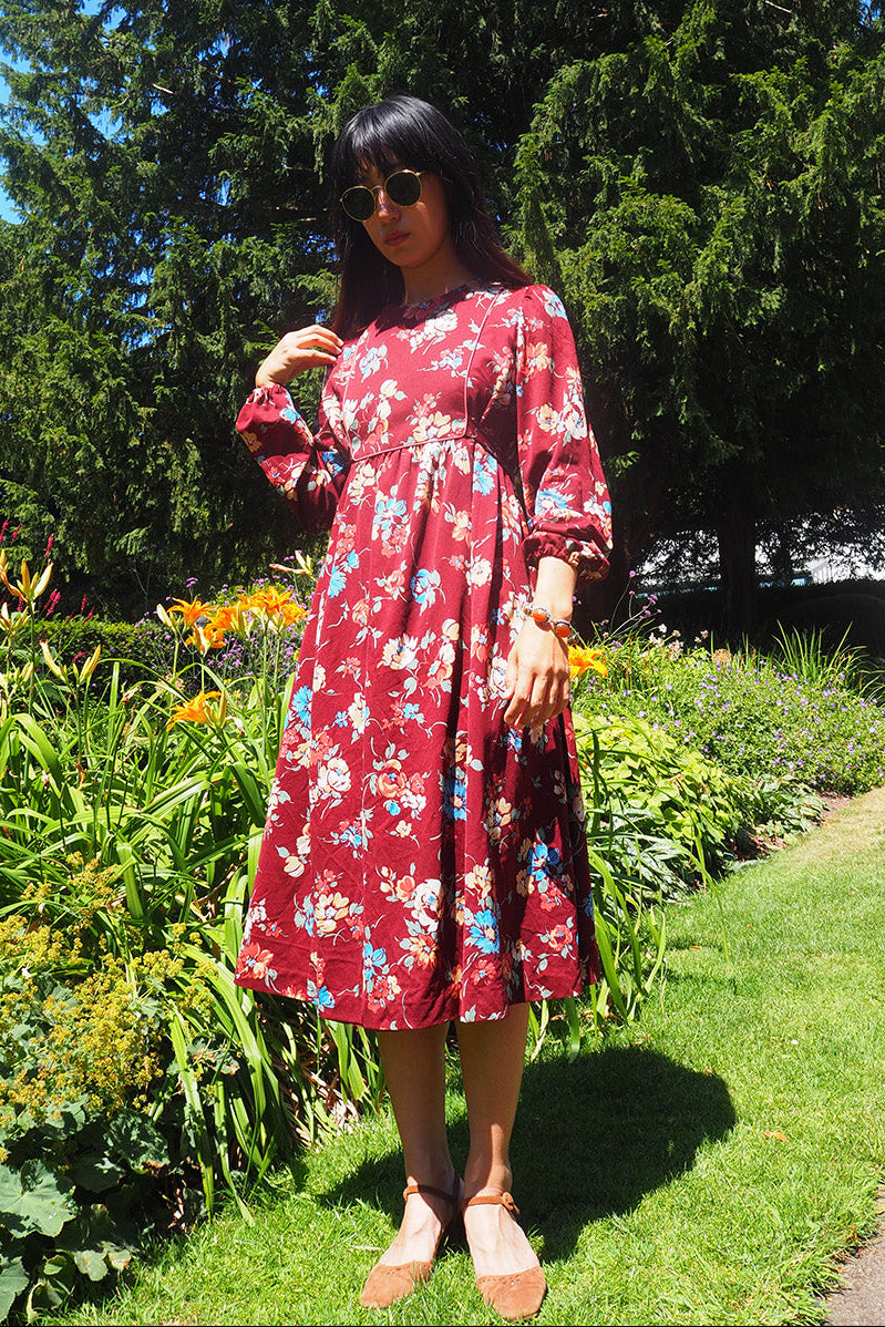 70/80's Big Flower Dress C&A Vintage | Bordeaux Romantic Dress