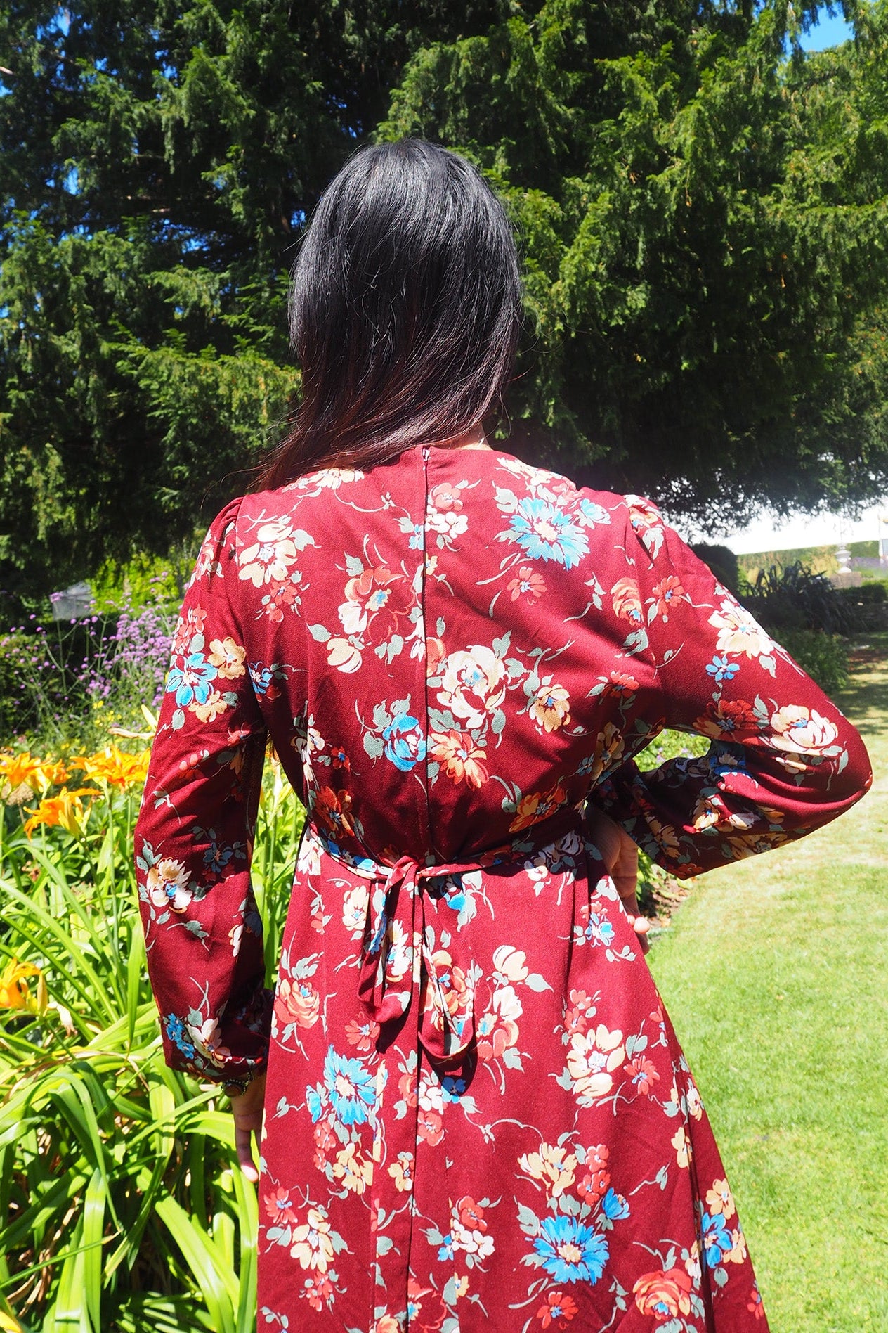70/80's Big Flower Dress C&A Vintage | Bordeaux Romantic Dress