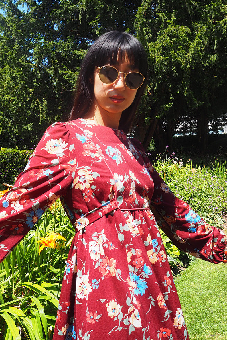 70/80's Big Flower Dress C&A Vintage | Bordeaux Romantic Dress