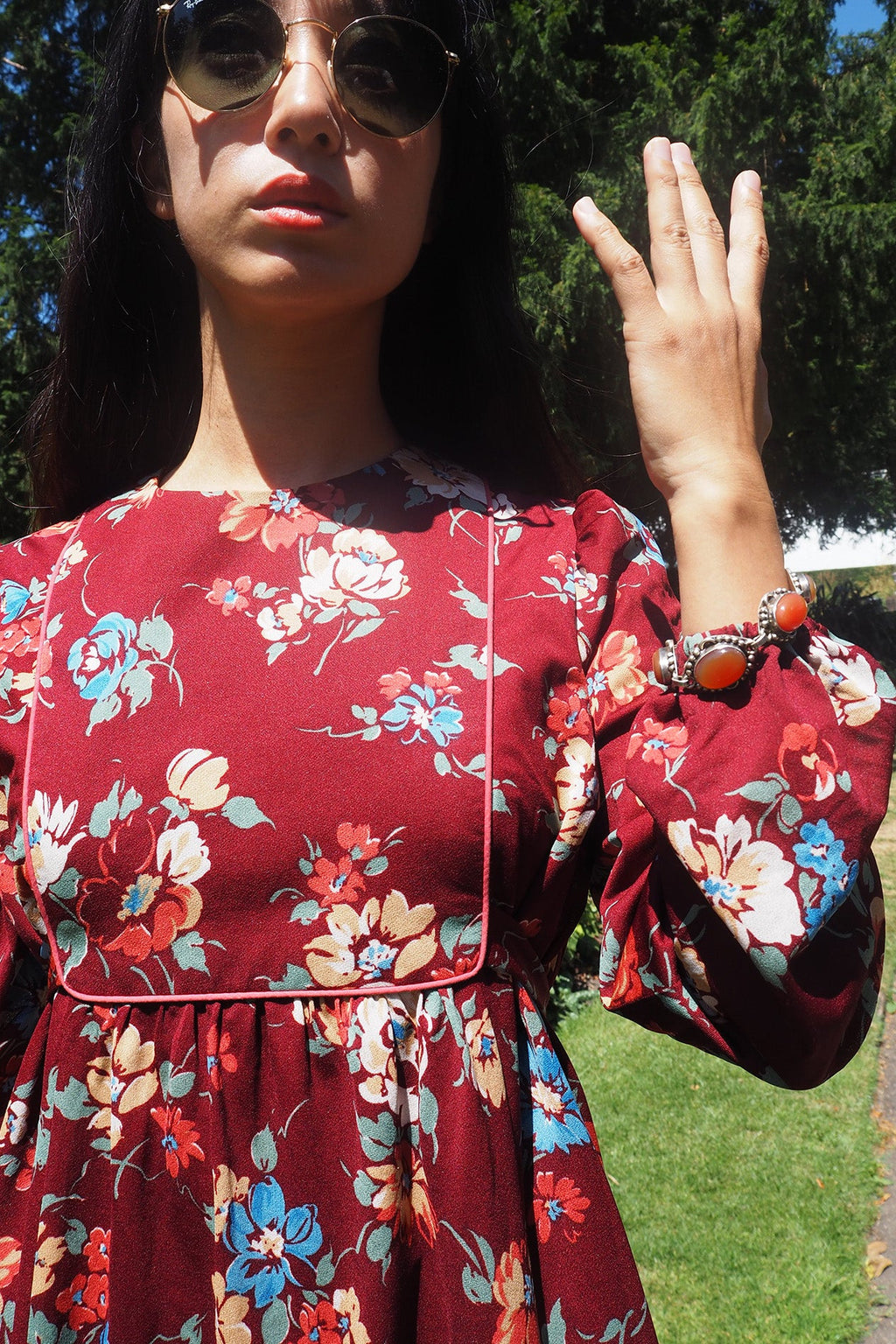 70/80's Big Flower Dress C&A Vintage | Bordeaux Romantic Dress