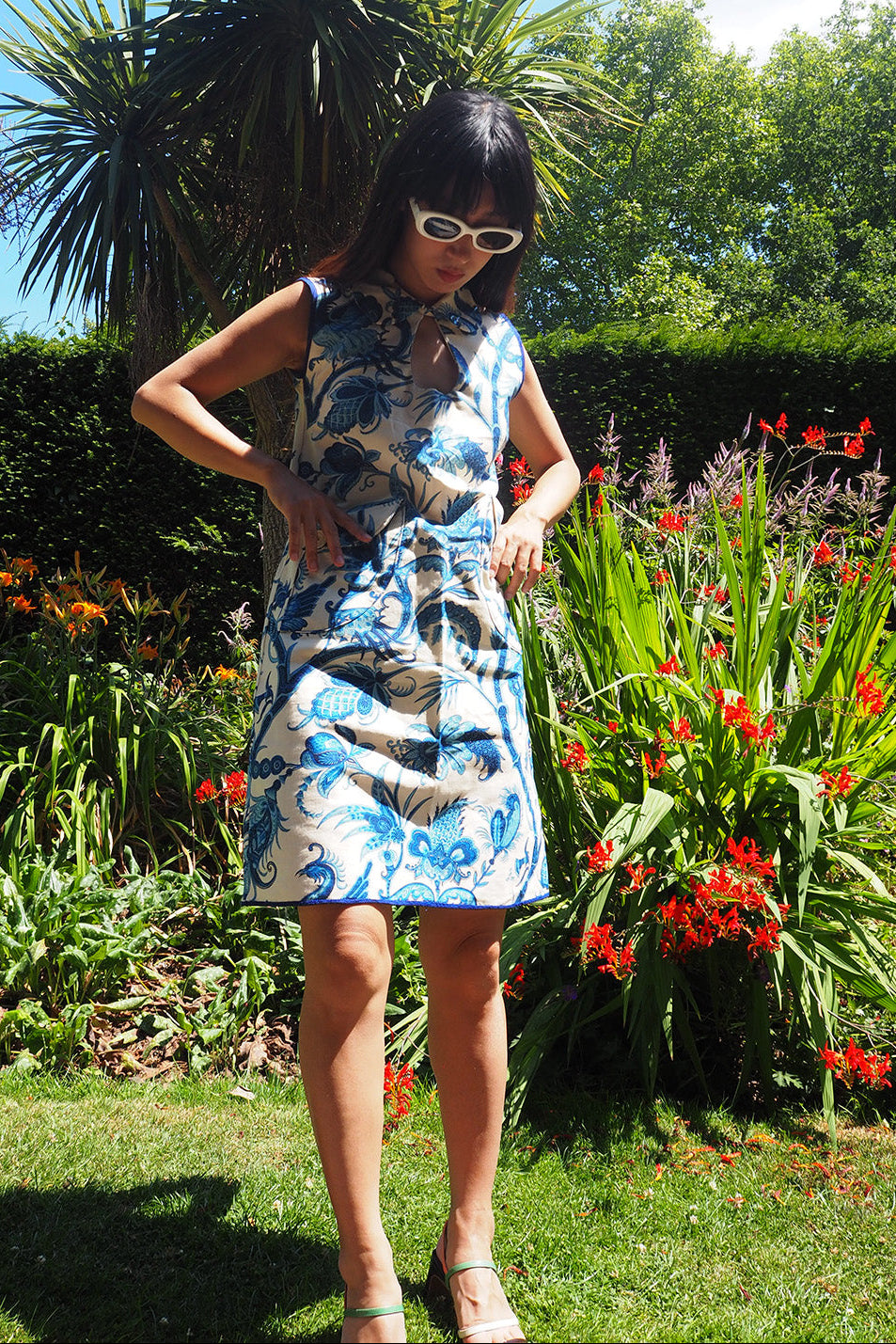 70's Oriental Mini Dress | Blue Floral Vintage Linen Style