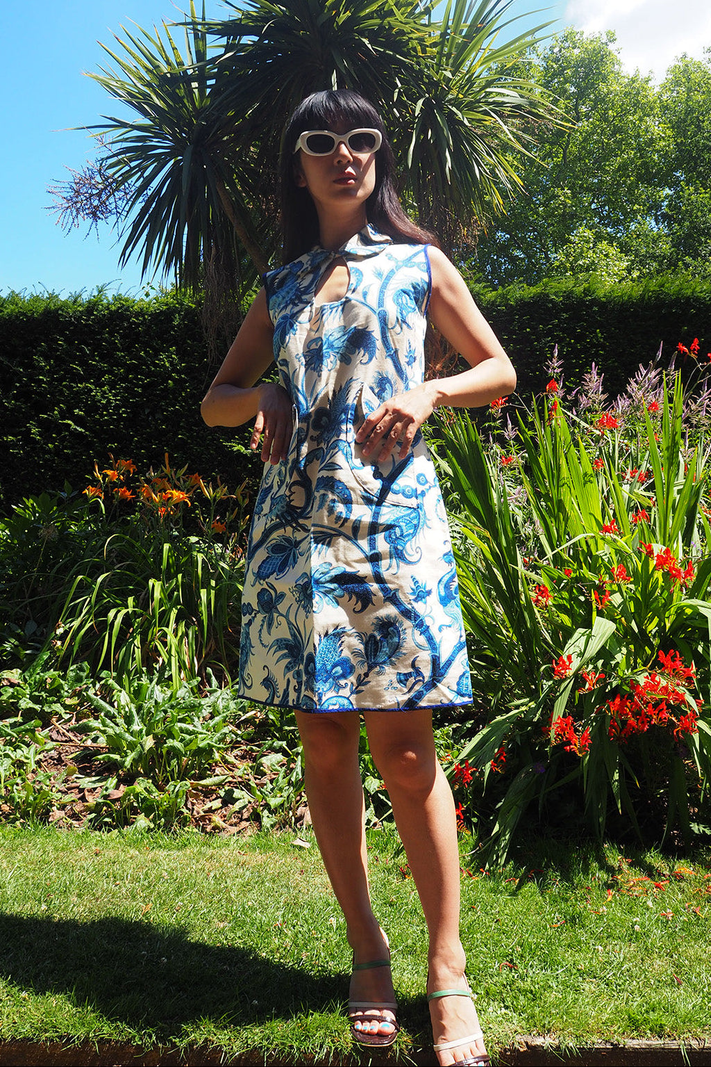 70's Oriental Mini Dress | Blue Floral Vintage Linen Style