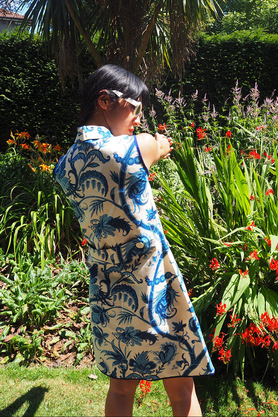 70's Oriental Mini Dress | Blue Floral Vintage Linen Style