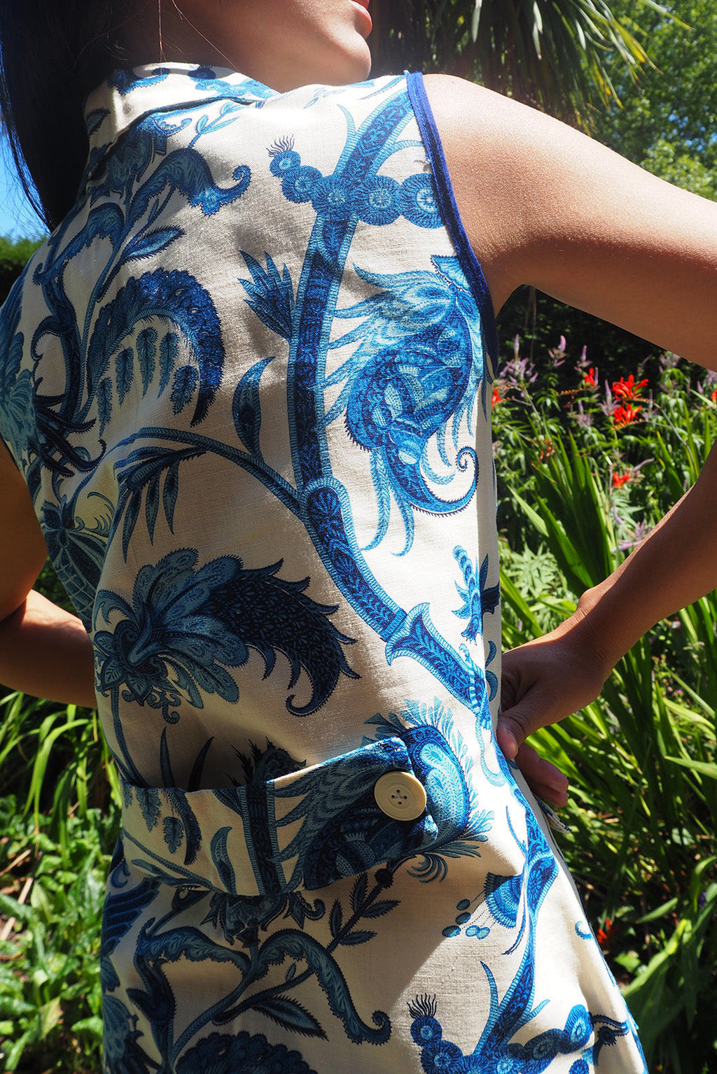 70's Oriental Mini Dress | Blue Floral Vintage Linen Style