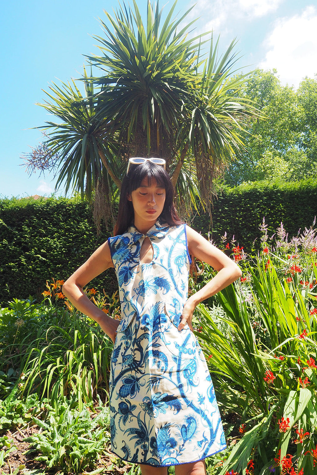 70's Oriental Mini Dress | Blue Floral Vintage Linen Style