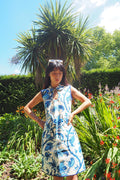 70's Oriental Mini Dress | Blue Floral Vintage Linen Style