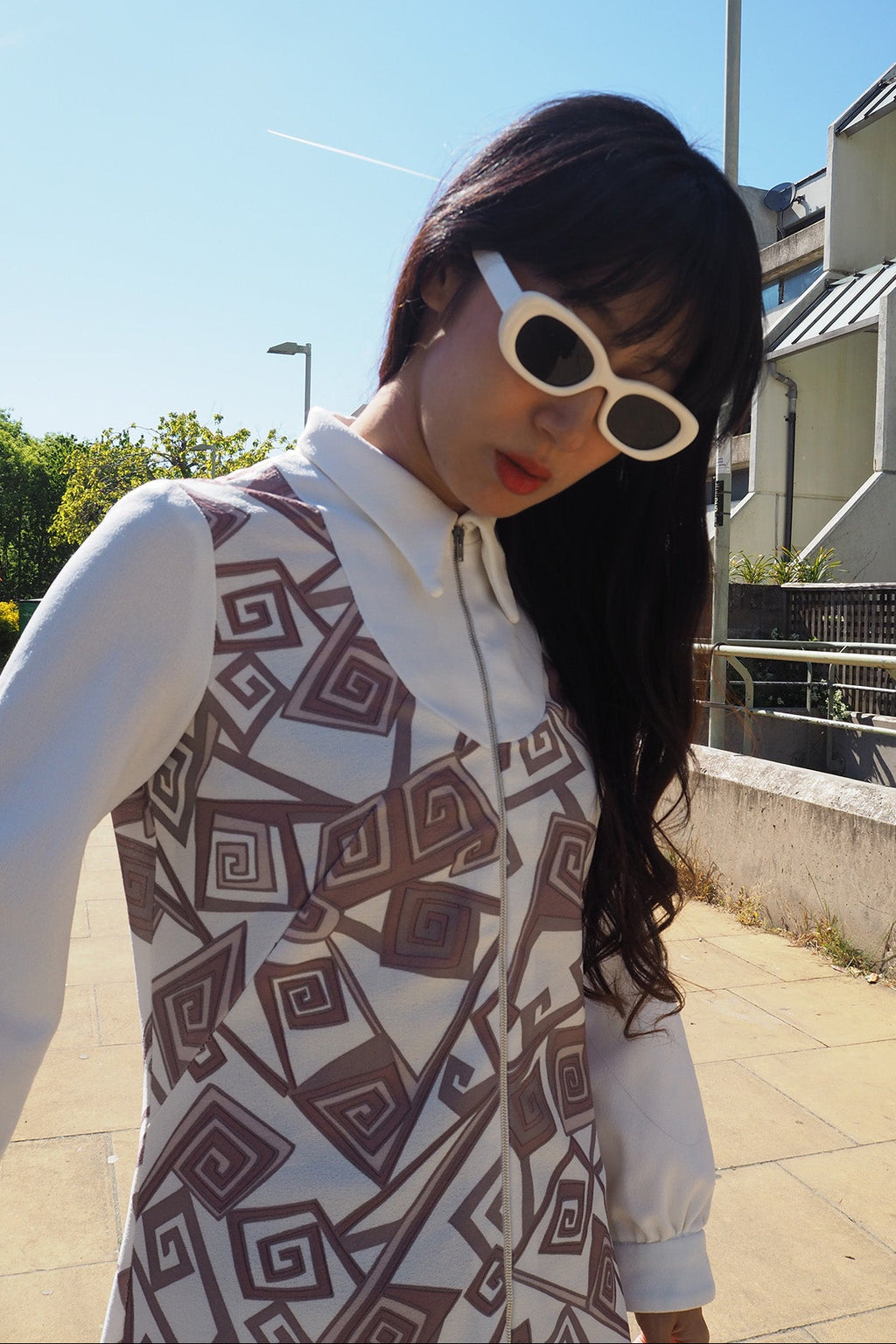 70's Geometric Maxi Dress London Vintage | Bold Pattern Zip Front Dress