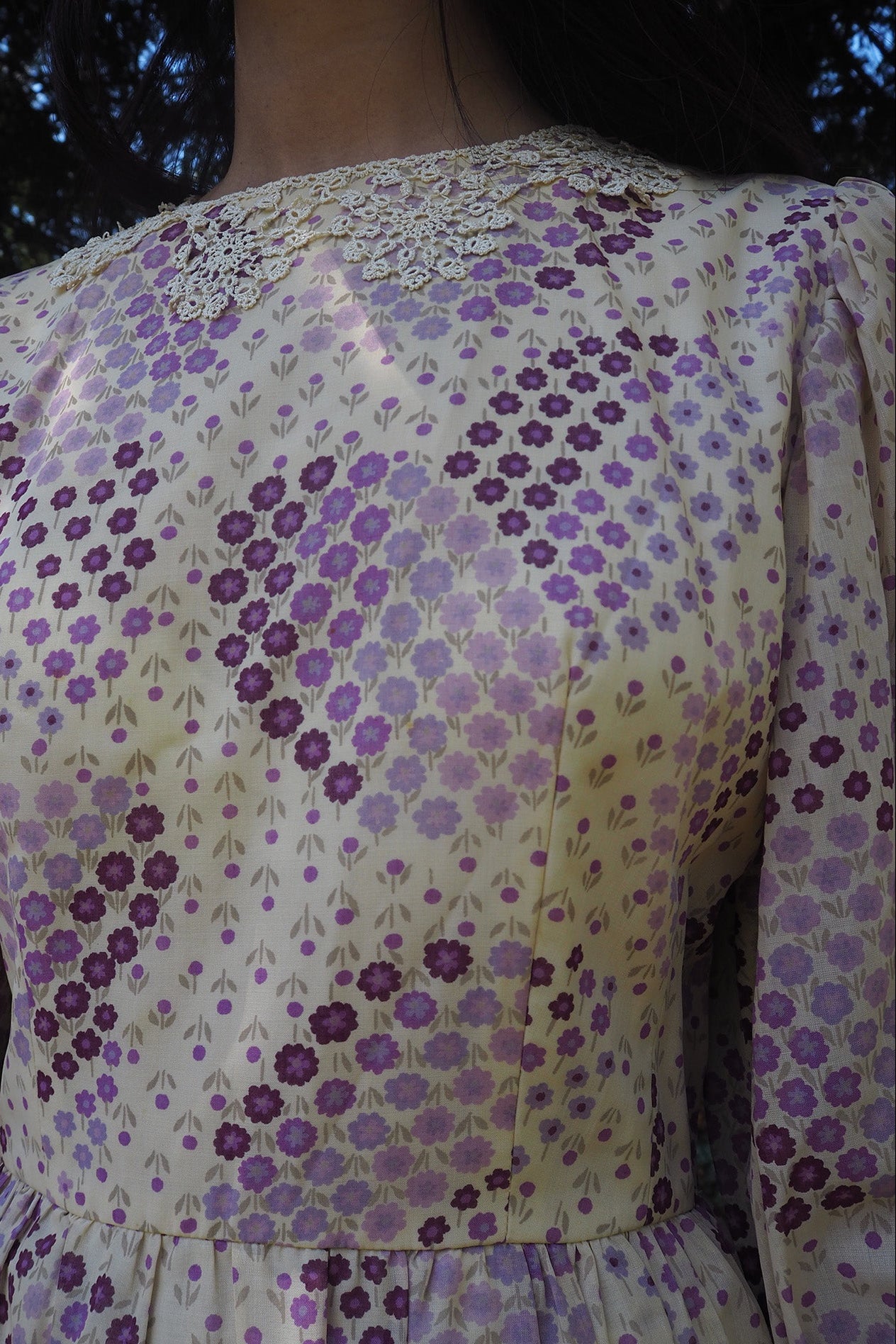 70's Lace Maxi Dress London Vintage | Romantic Puff Sleeve Long Dress