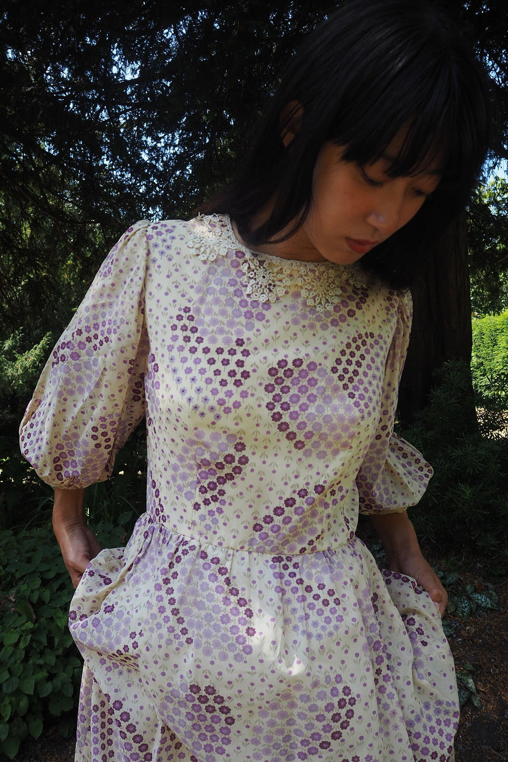 70's Lace Maxi Dress London Vintage | Romantic Puff Sleeve Long Dress