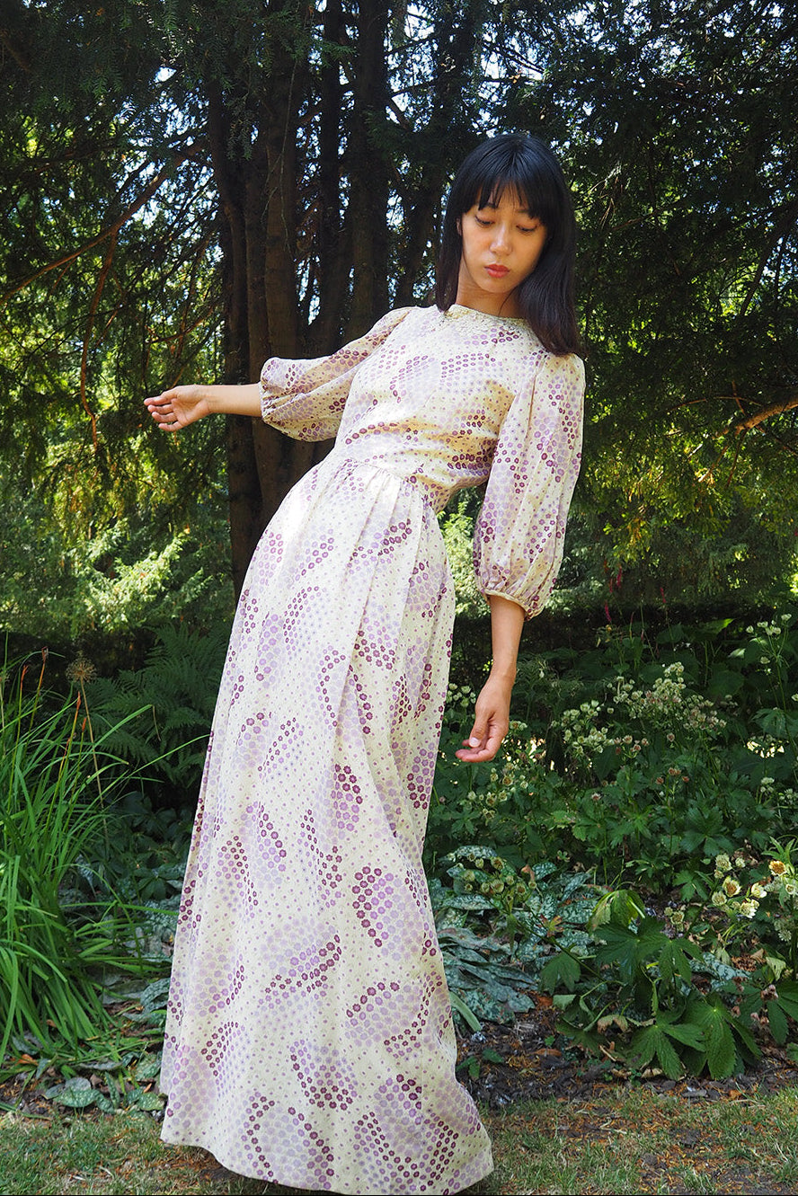 70's Lace Maxi Dress London Vintage | Romantic Puff Sleeve Long Dress