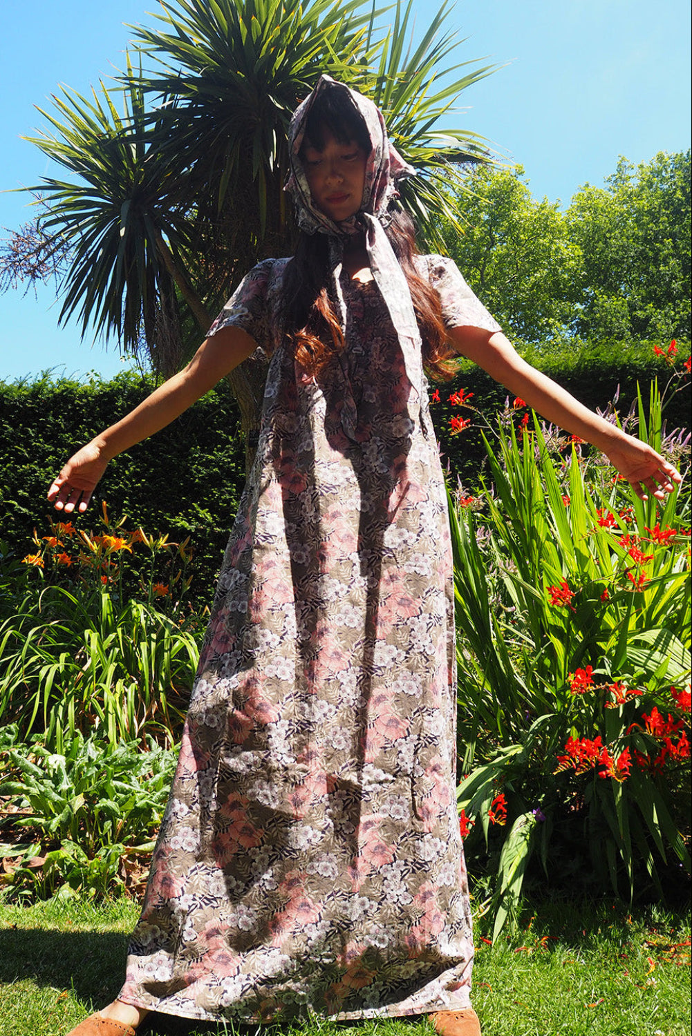 70's Dorothy Perkins Maxi Dress with Babushka Scarf | UK Botanical Print