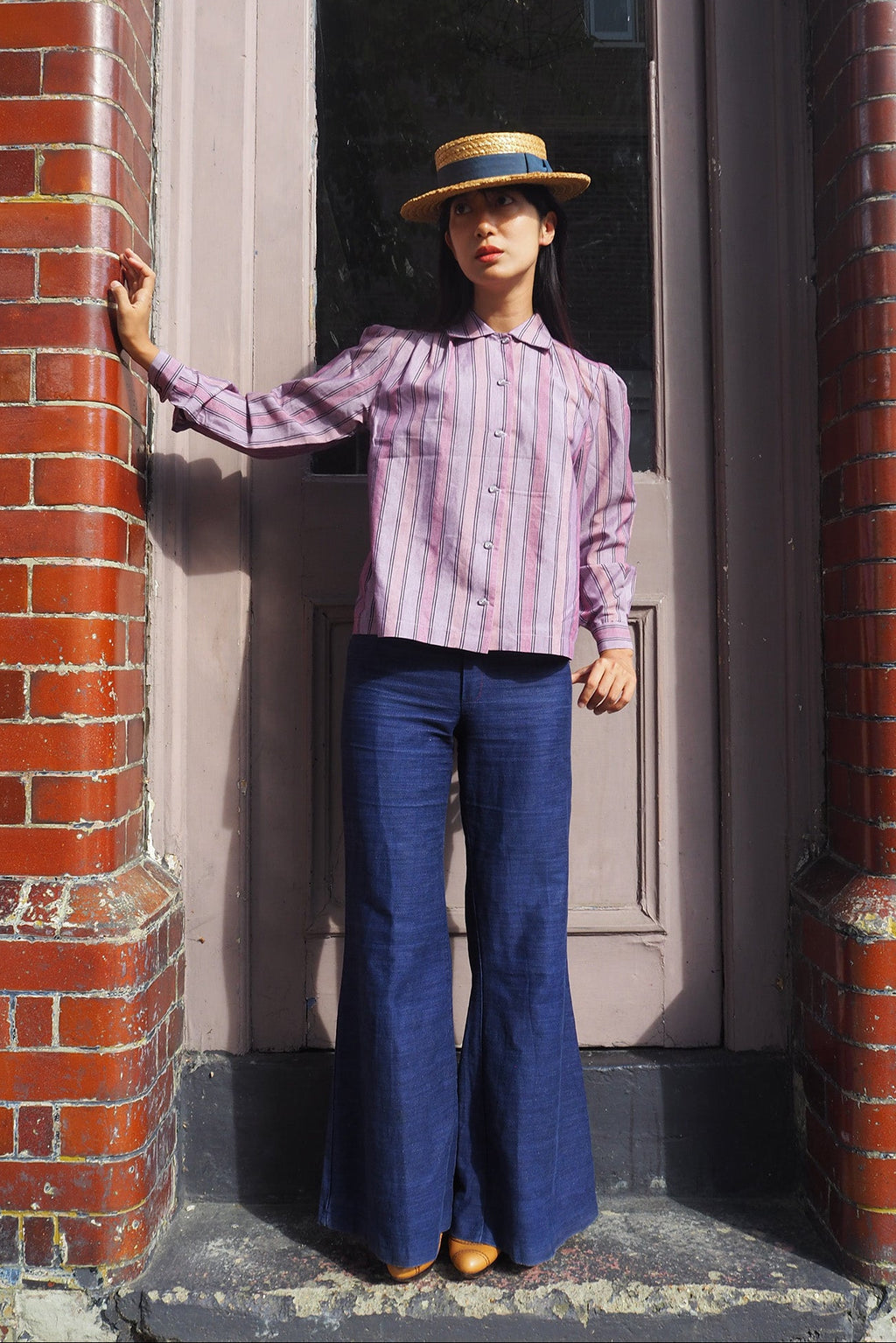 80's Striped Shirt Vintage | Victorian Blouse Purple Stripe