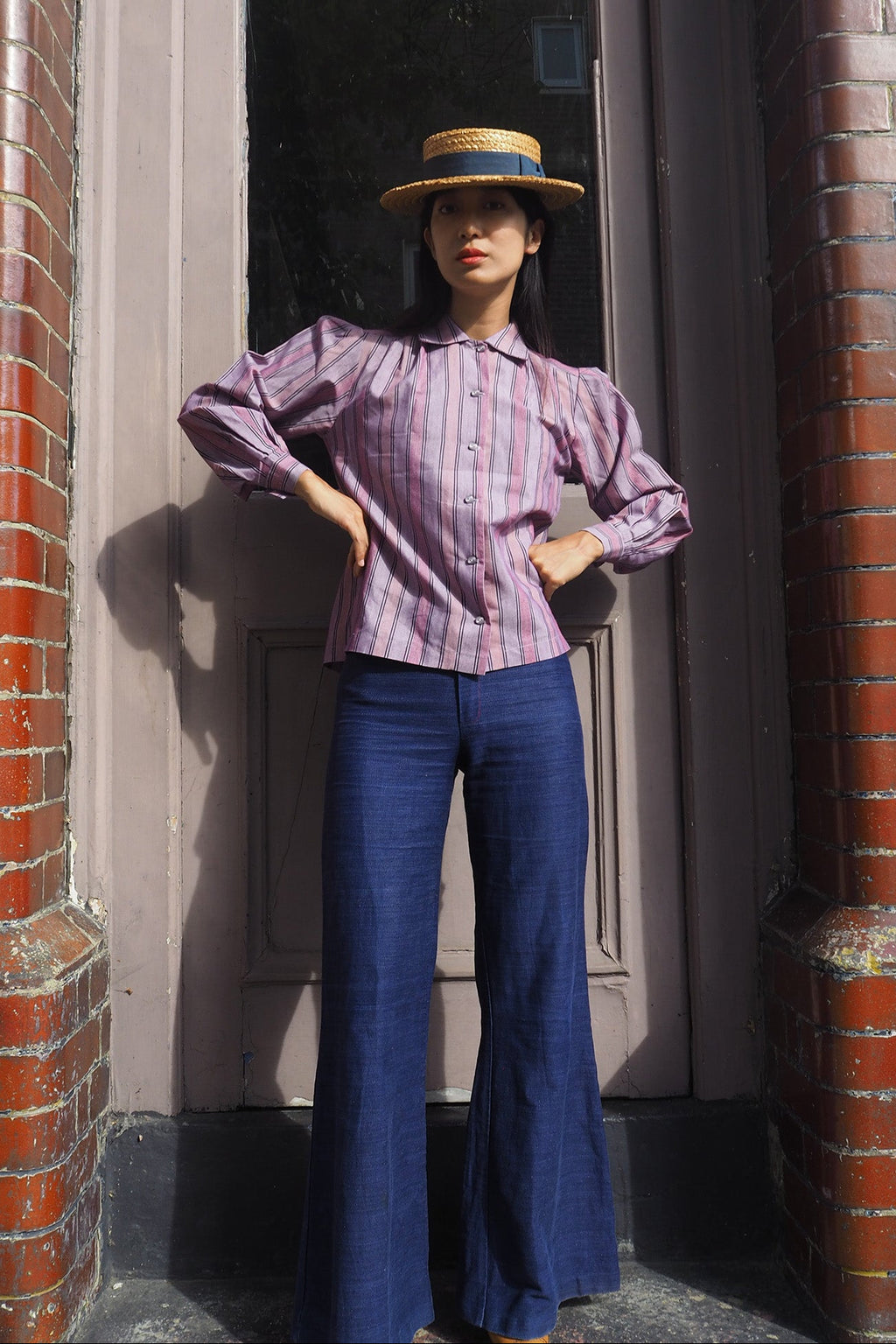 80's Striped Shirt Vintage | Victorian Blouse Purple Stripe