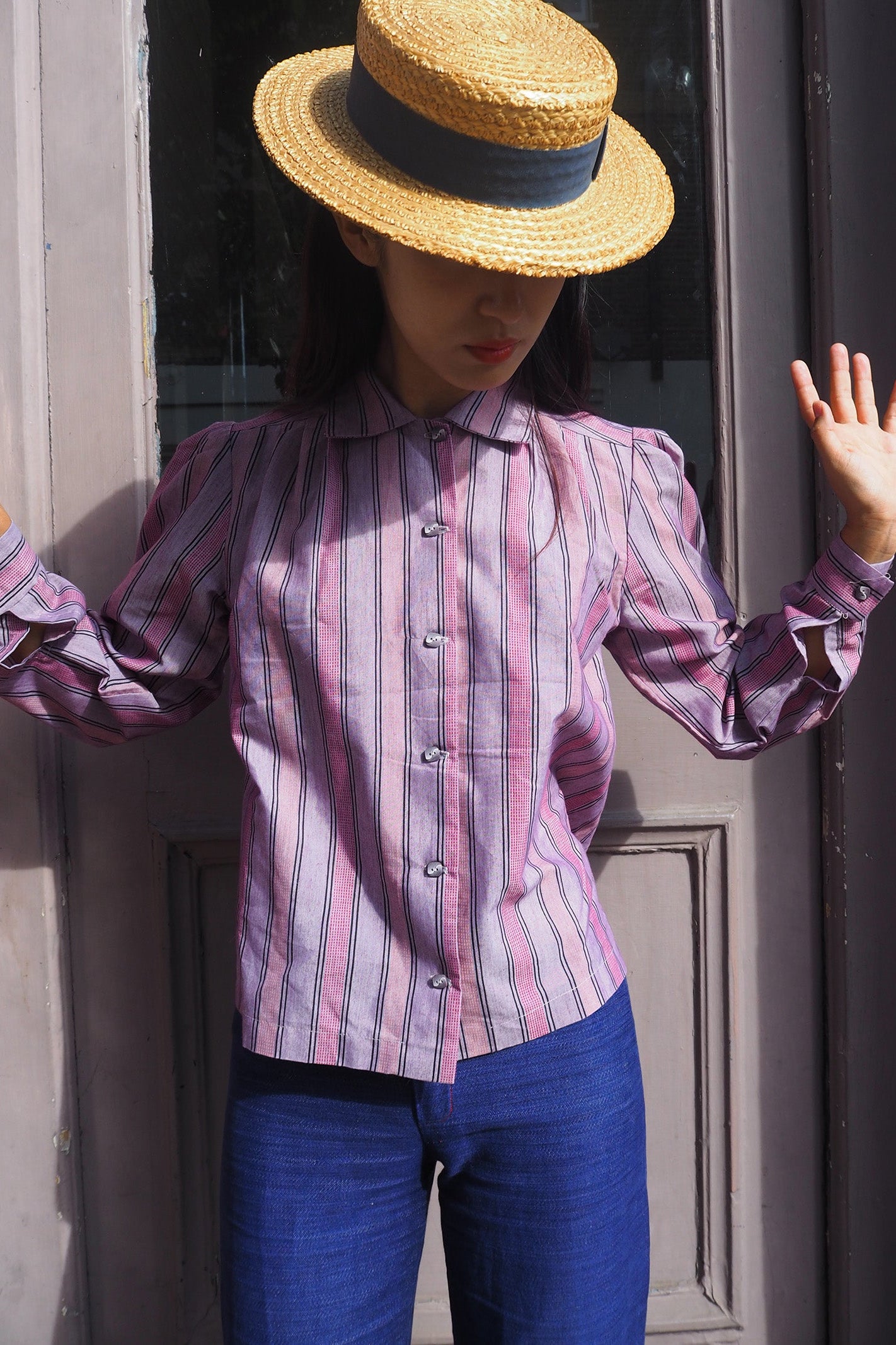 80's Striped Shirt Vintage | Victorian Blouse Purple Stripe