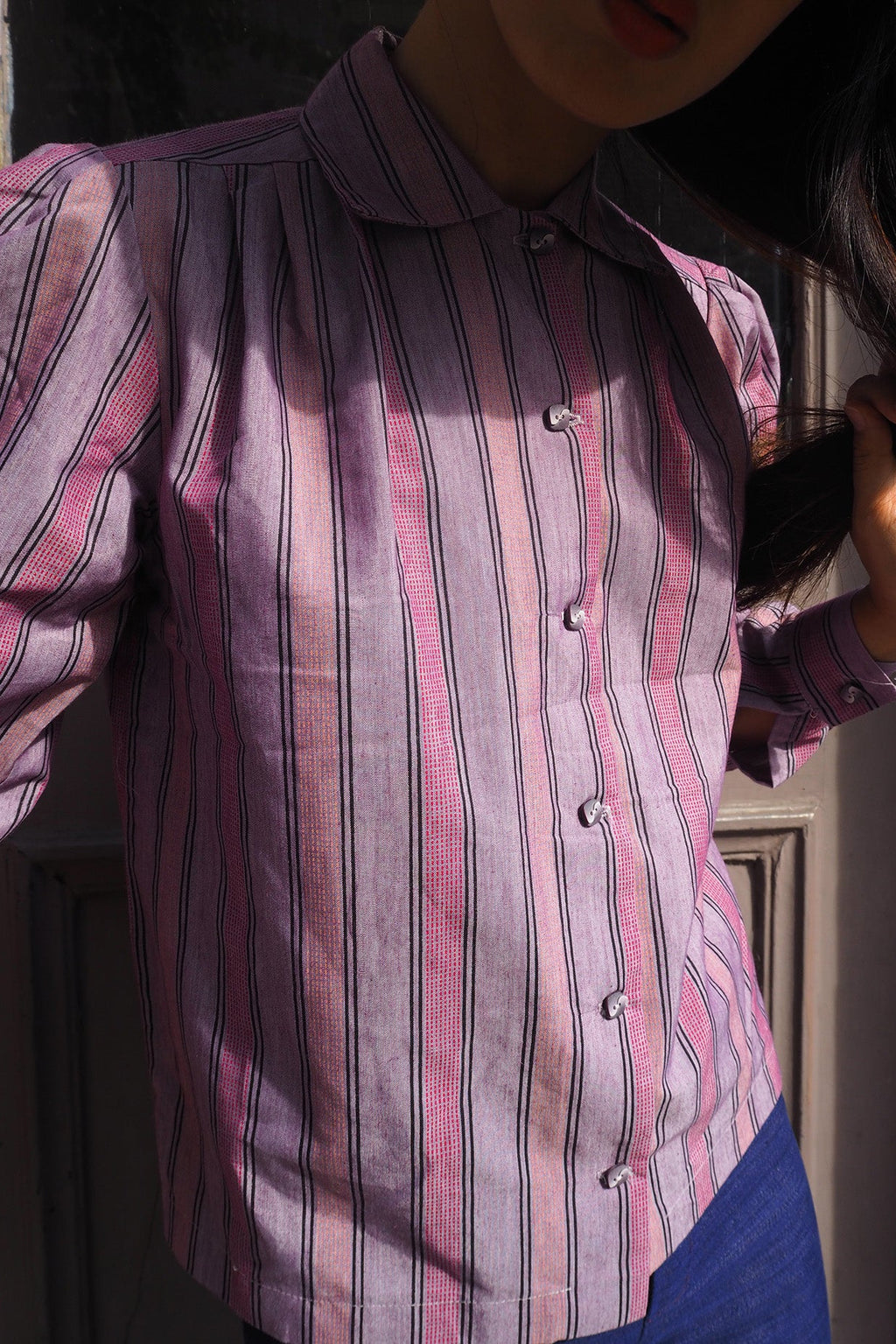 80's Striped Shirt Vintage | Victorian Blouse Purple Stripe