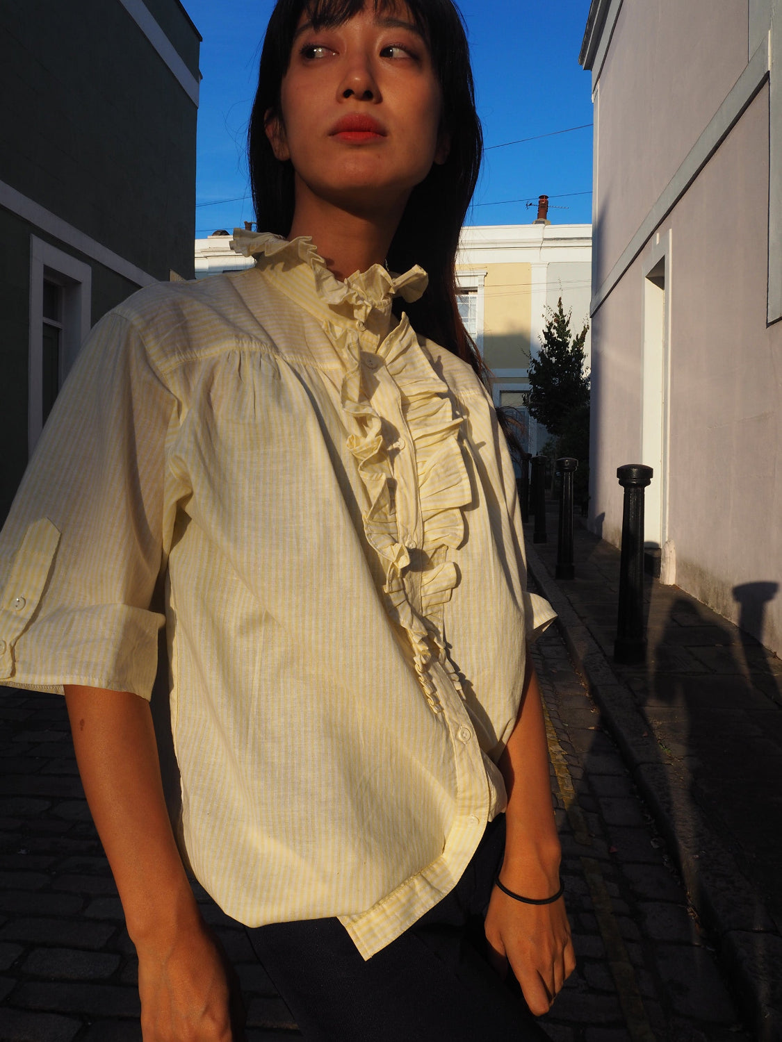 70's Lady's shirts|Yellow stripe Ruffled shrits Made in Germany